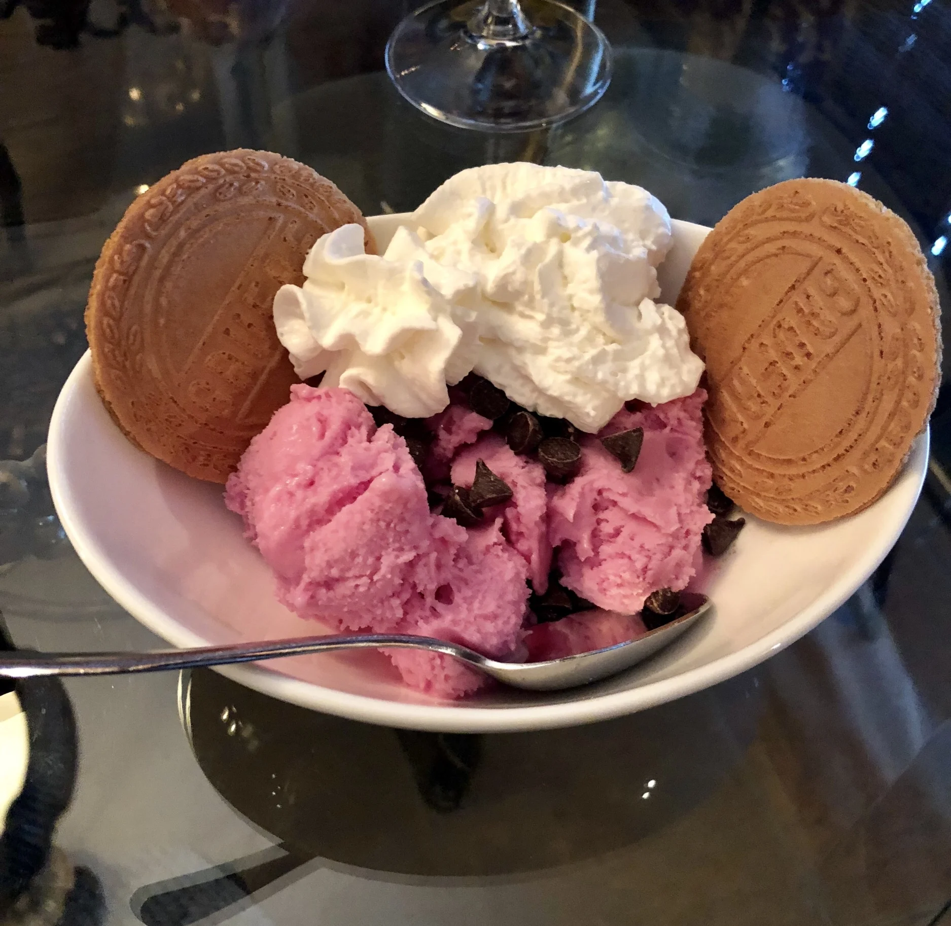 Raspberry Sherbet Topped with Imported Wafers, Ghirardelli Chocolate Chips, and Whipped Cream
