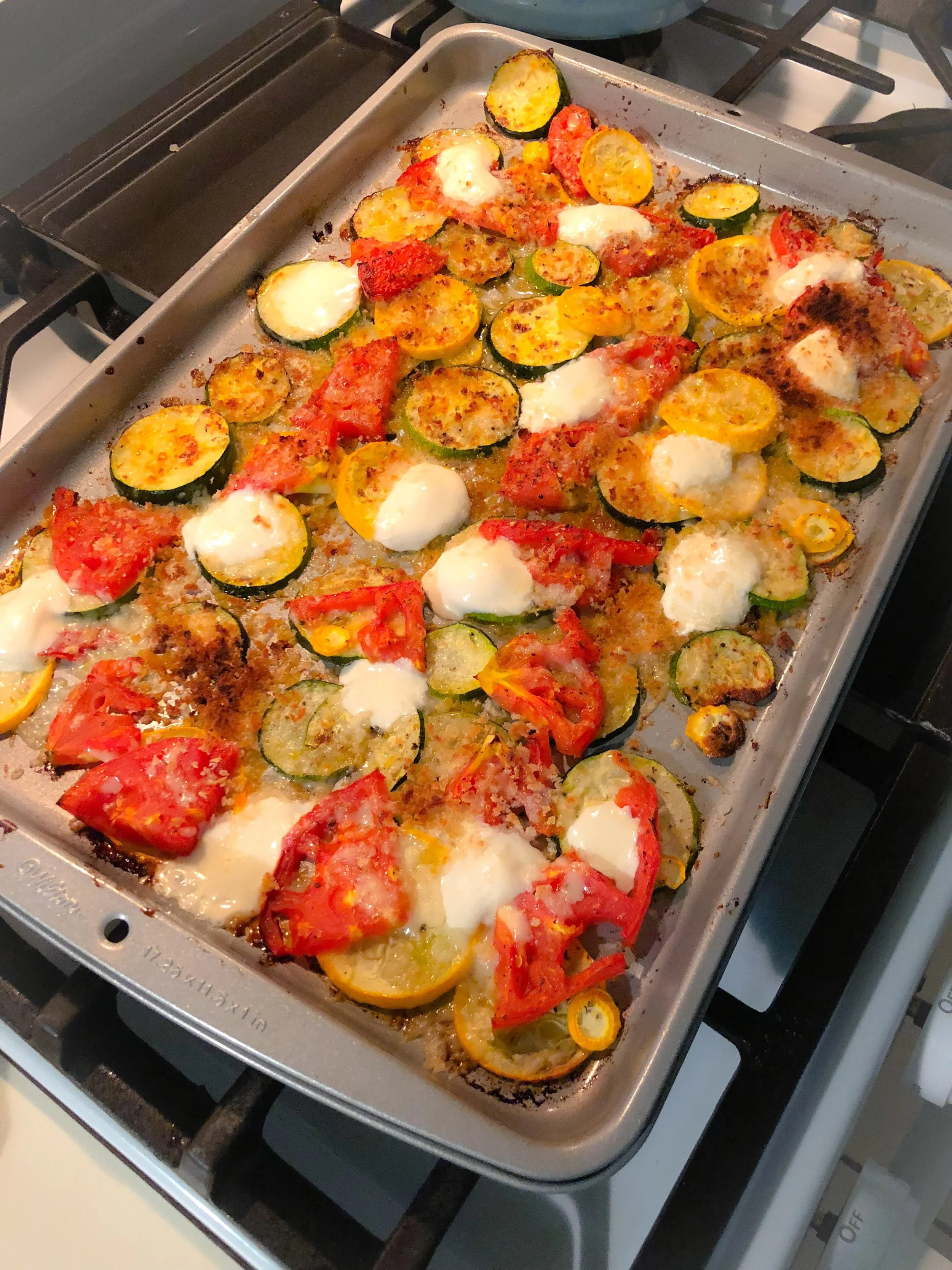 Summer Garden Recipe: Pan Roasted Summer Squash,  Zucchini, and Tomatoes with Broiled Mozzarella and Parmesan