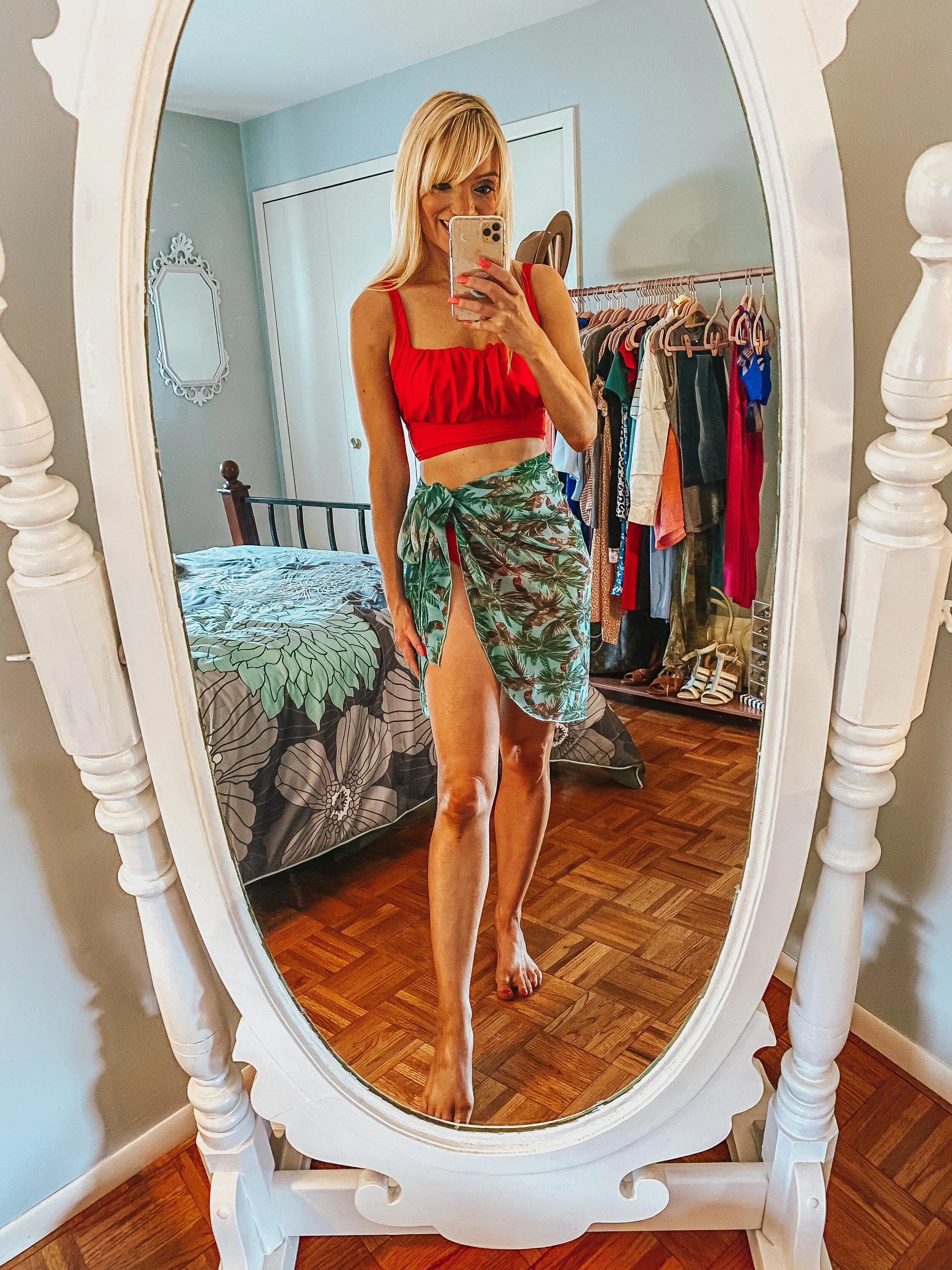 Red Bikini with Ruched Top and Palm Leaf  Sarong