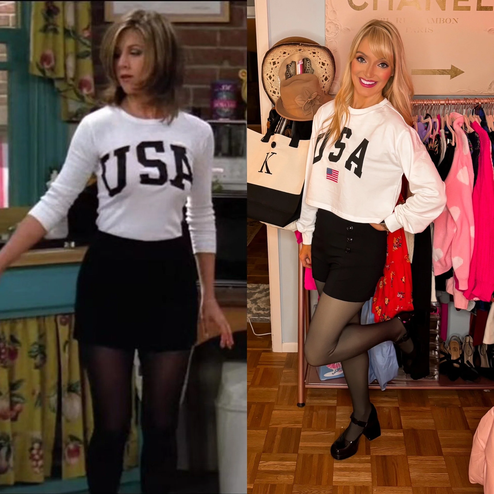 Fashion Icons:  Recreating the Rachel Green From Friends Iconic USA Sweatshirt Outfit With All Amazon Products