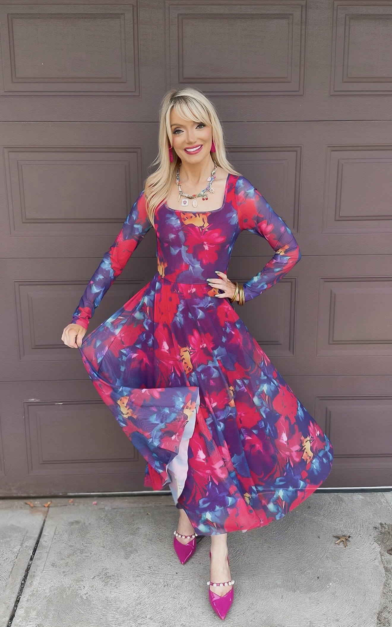 Beautiful Long Sleeve Floral Mesh Dress