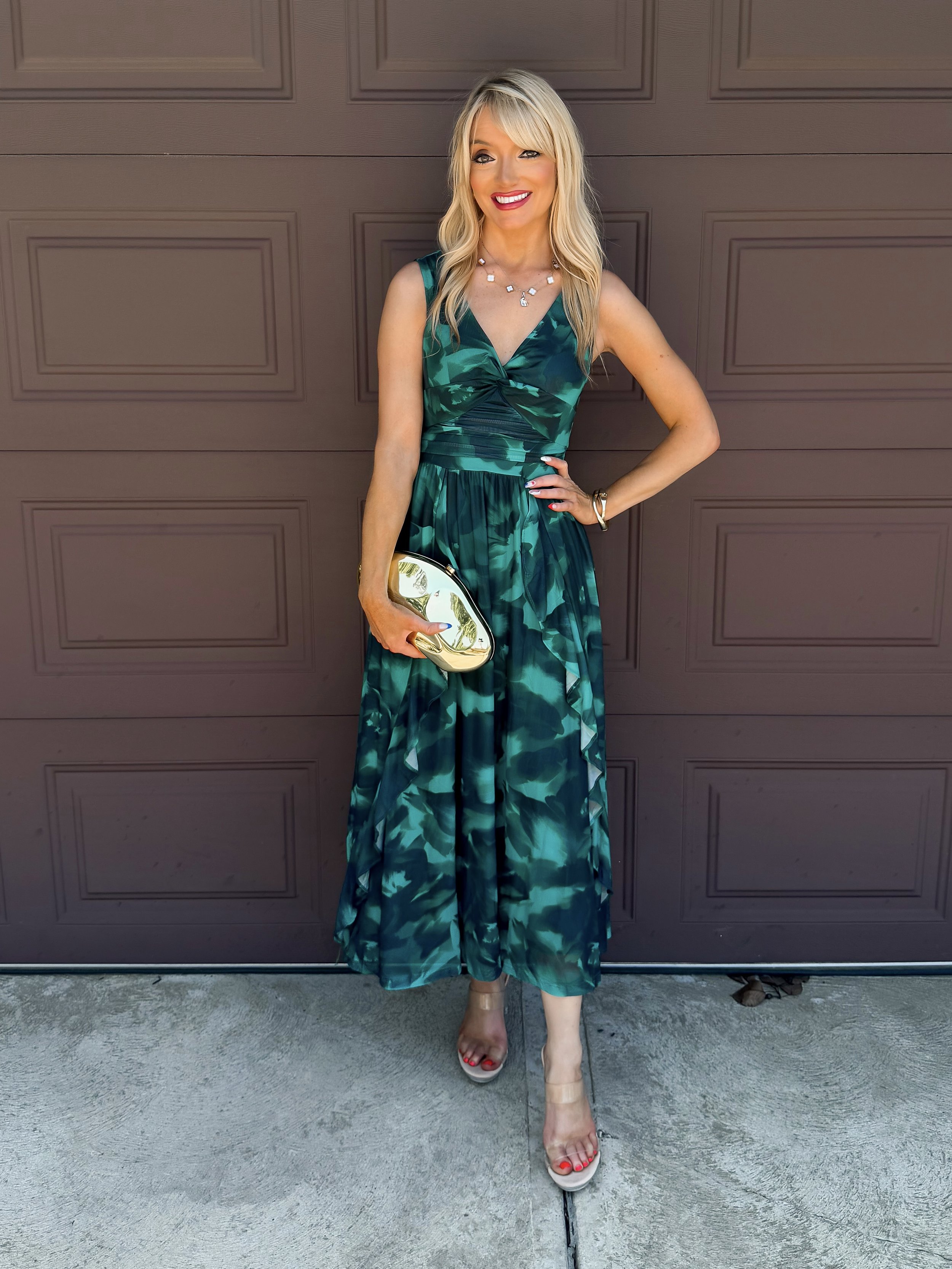  Amazon Fashion Grace Karin wedding guest dress with green print and gold Cult Gaia look for less bag 