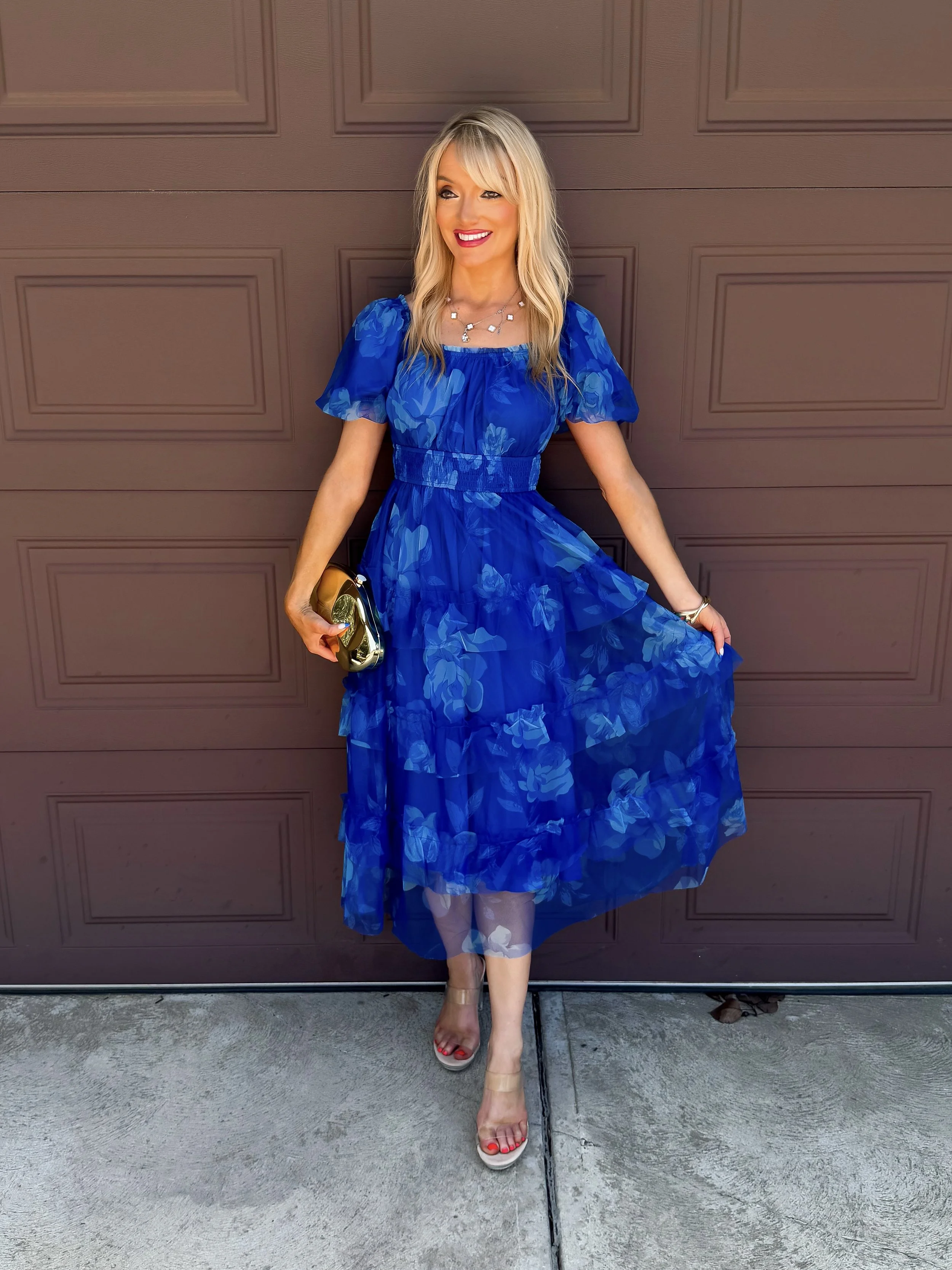  Amazon Fashion Grace Karin wedding guest dress in royal blue with ethereal mesh chiffon overlay and Cult Gaia look for less gold clutch 