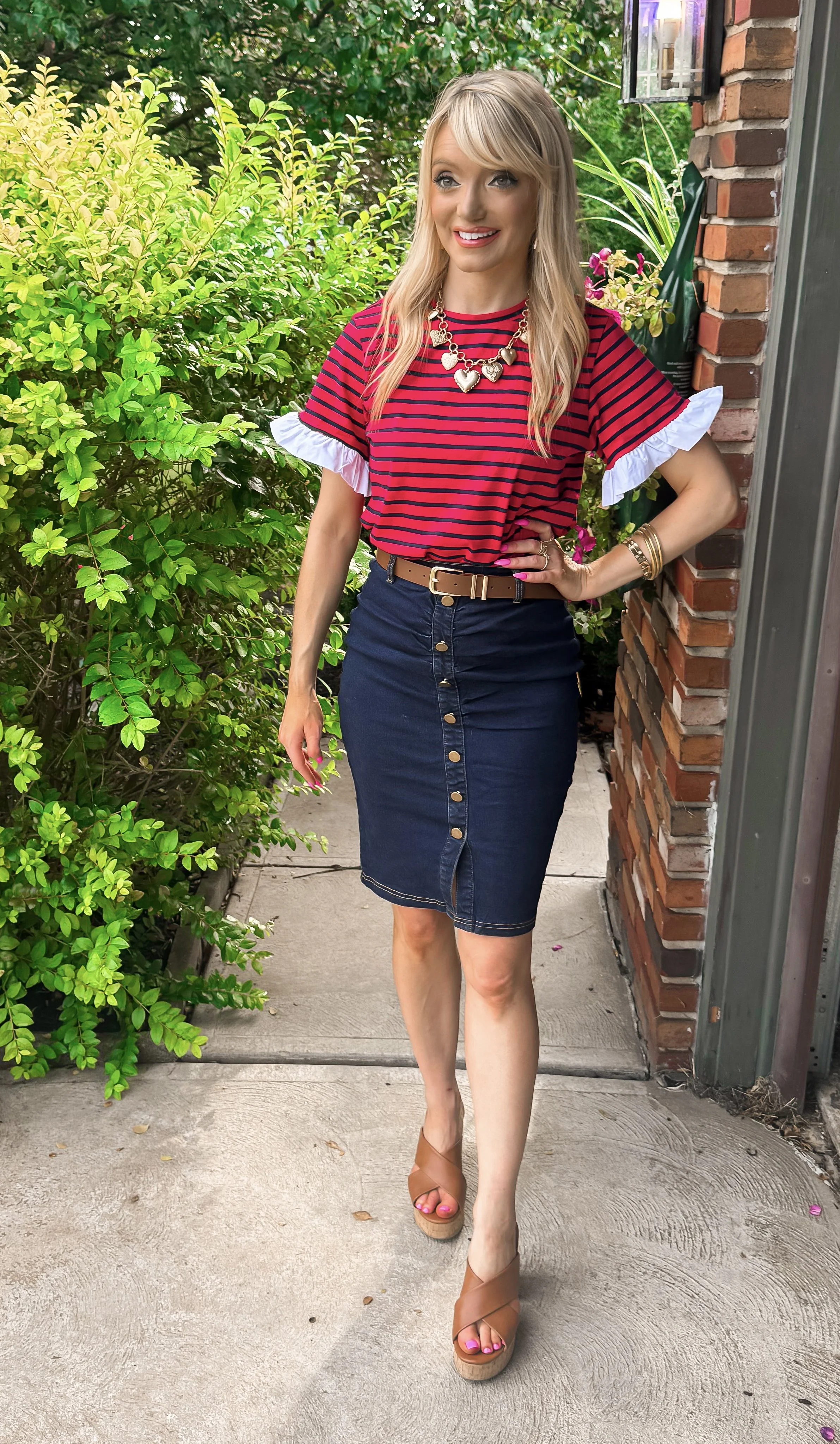  blonde woman wearing a striped ruffle tshirt with a denim pencil skirt as an educator, perfect teacher outfit, business casual Amazon fashion 