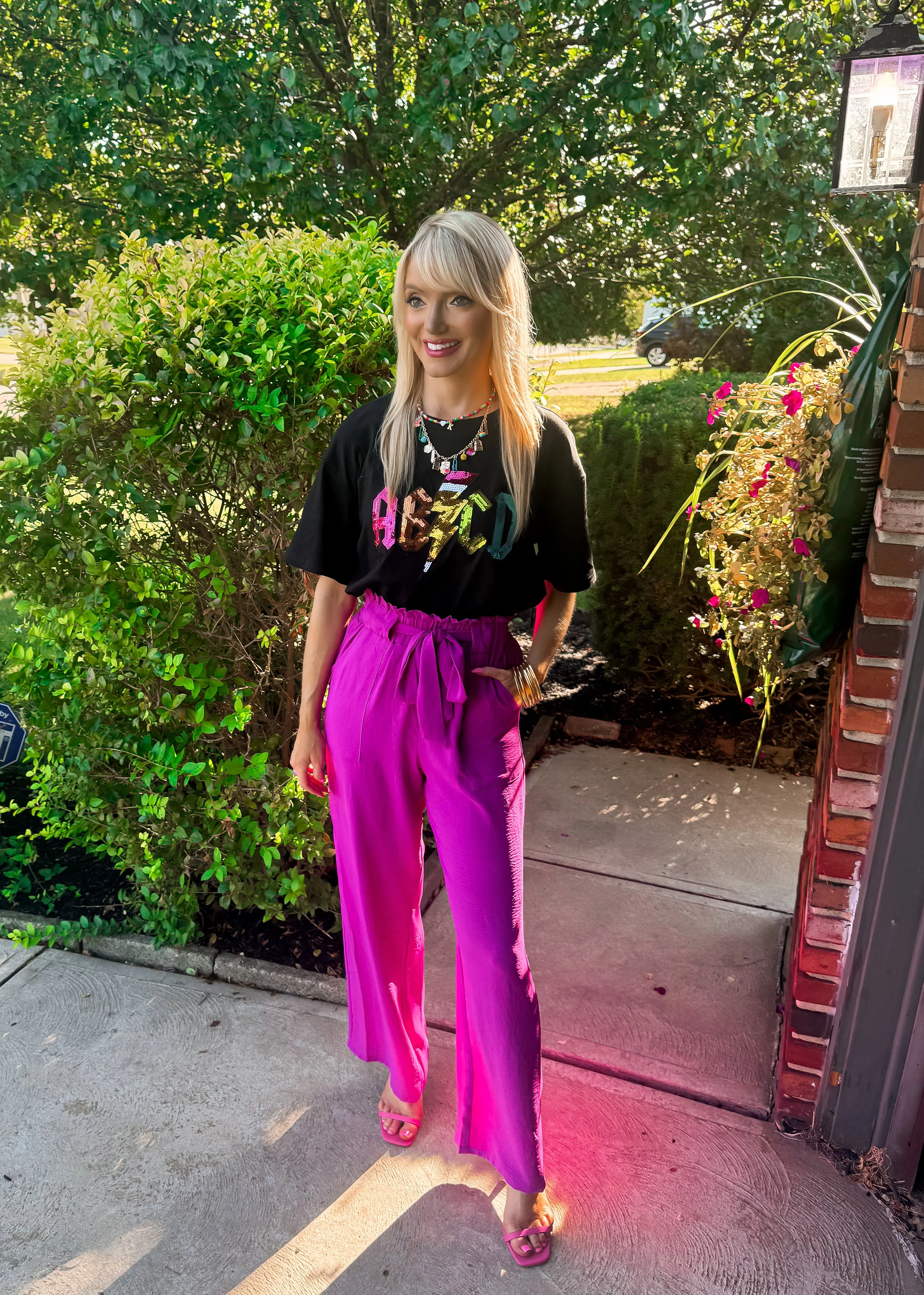  cute teacher outfit with school themed ABCD instead of ACDC  