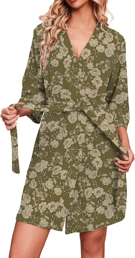  green fall floral print waffle knit robe  