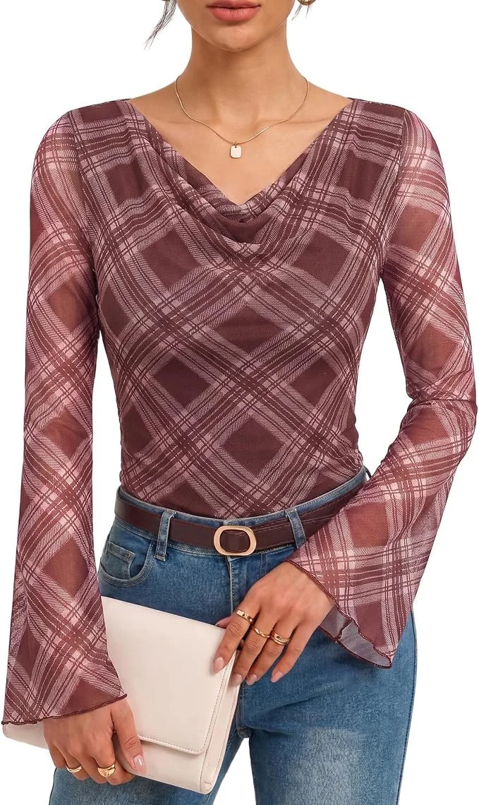  sheer mesh cowl neck top with burgundy plaid print  