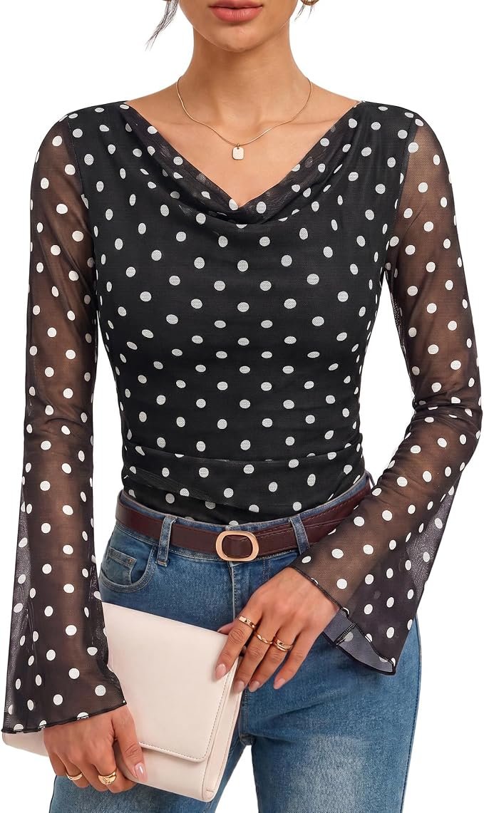  sheer mesh cowl neck polka dot top  
