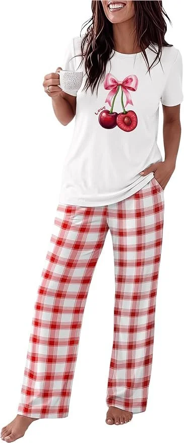  cherry graphic tshirt and red plaid pants pajama set 