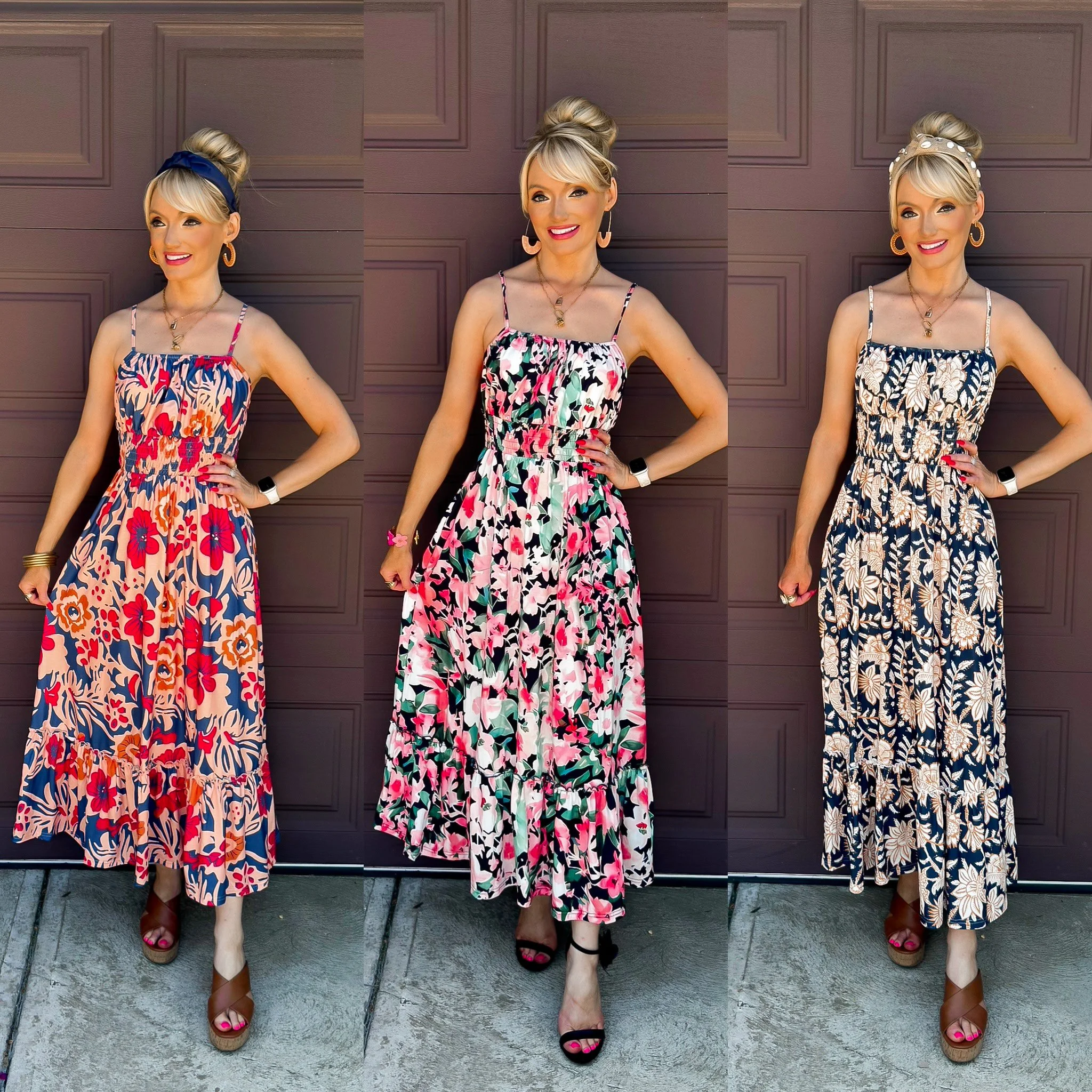 blonde woman wearing summer maxi dress by Grace Karin from Amazon in three different prints