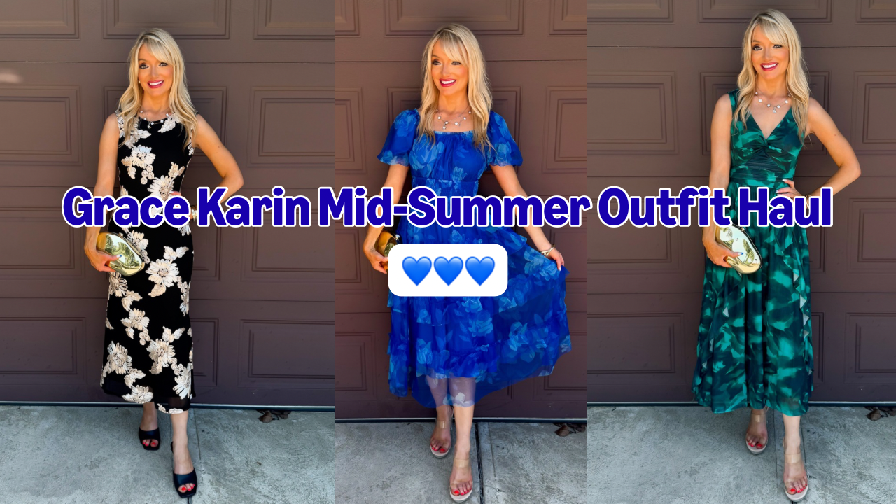 blonde woman wearing mid to late summer and early fall wedding guest dress options from Amazon