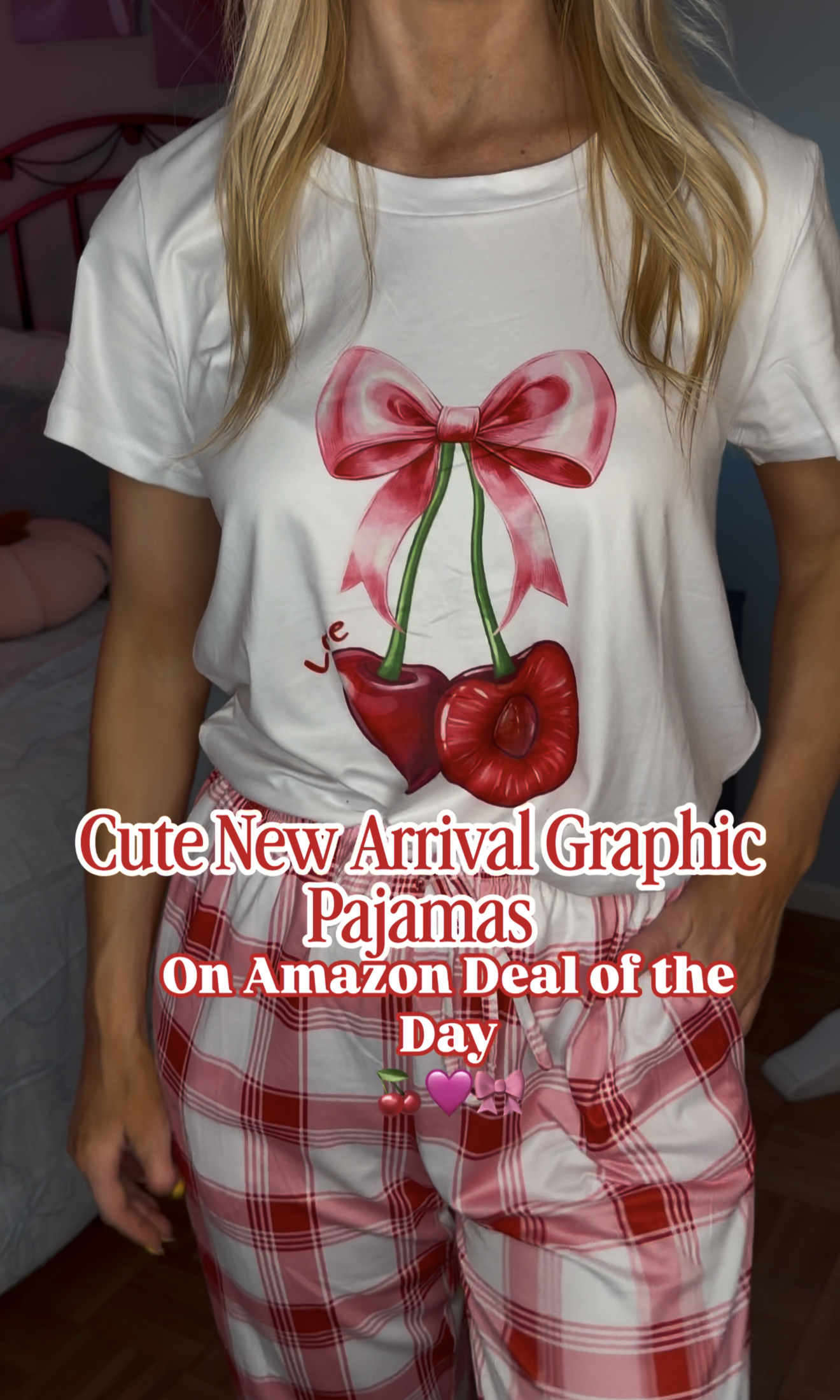 up close of cherry graphic and red plaid print pajamas from Amazon