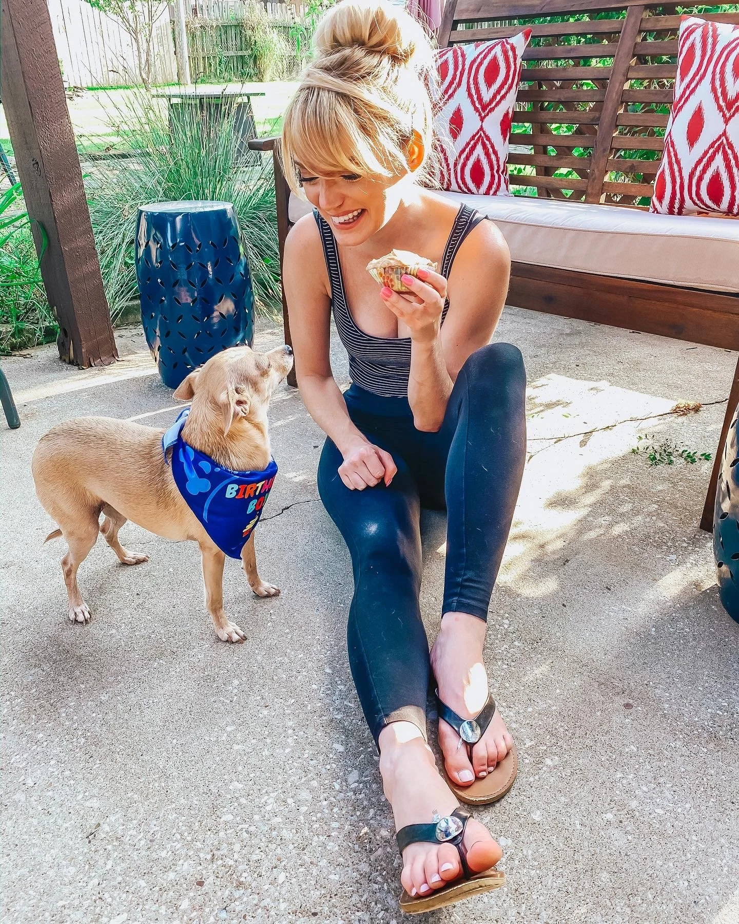 dog mom and dog eating peanut butter pupcakes for a Gotcha Day Party