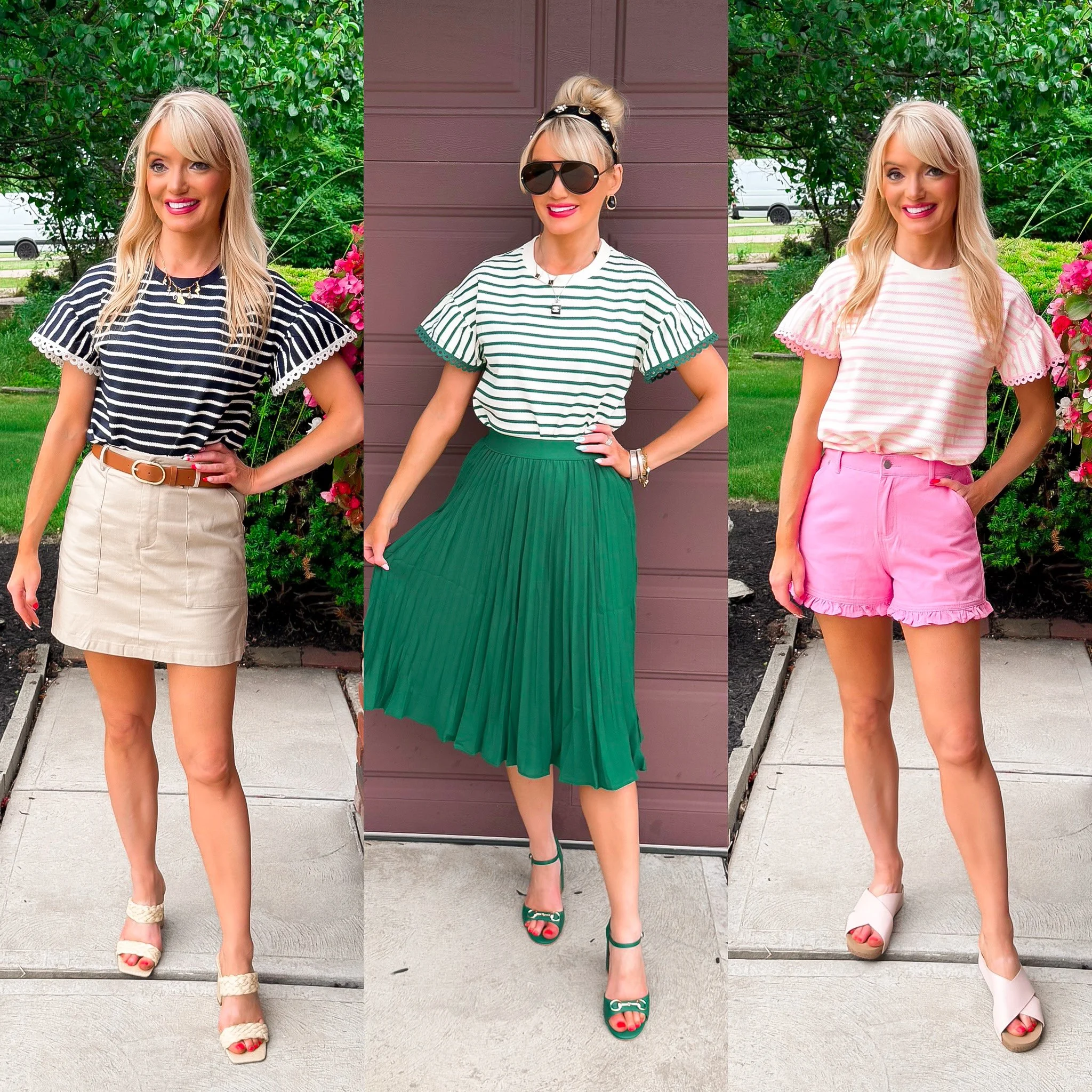 blonde woman wearing a striped Amazon top with cute sleeve detail three ways for casual, work, and brunch
