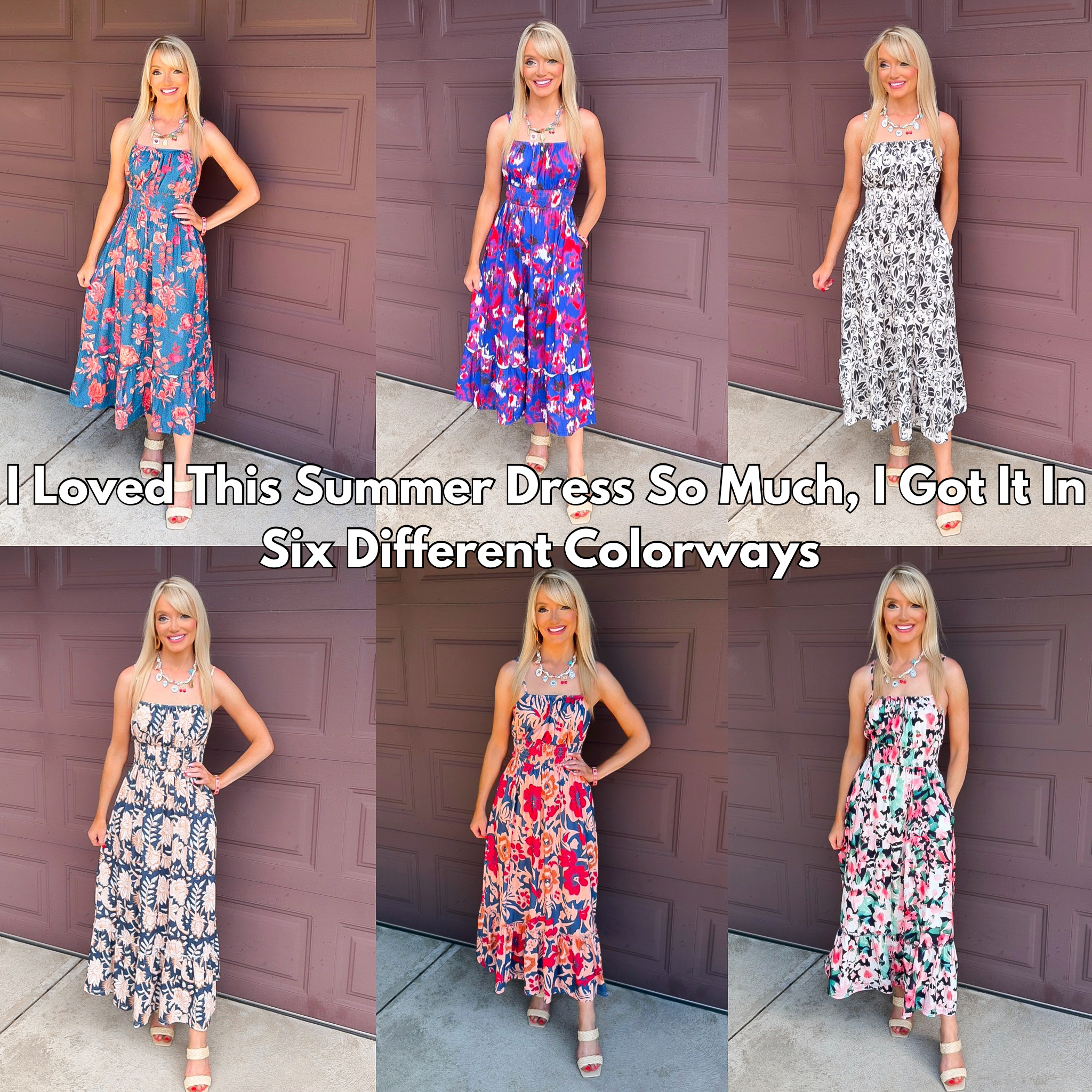blonde woman wearing summer maxi dress from Amazon in six different prints
