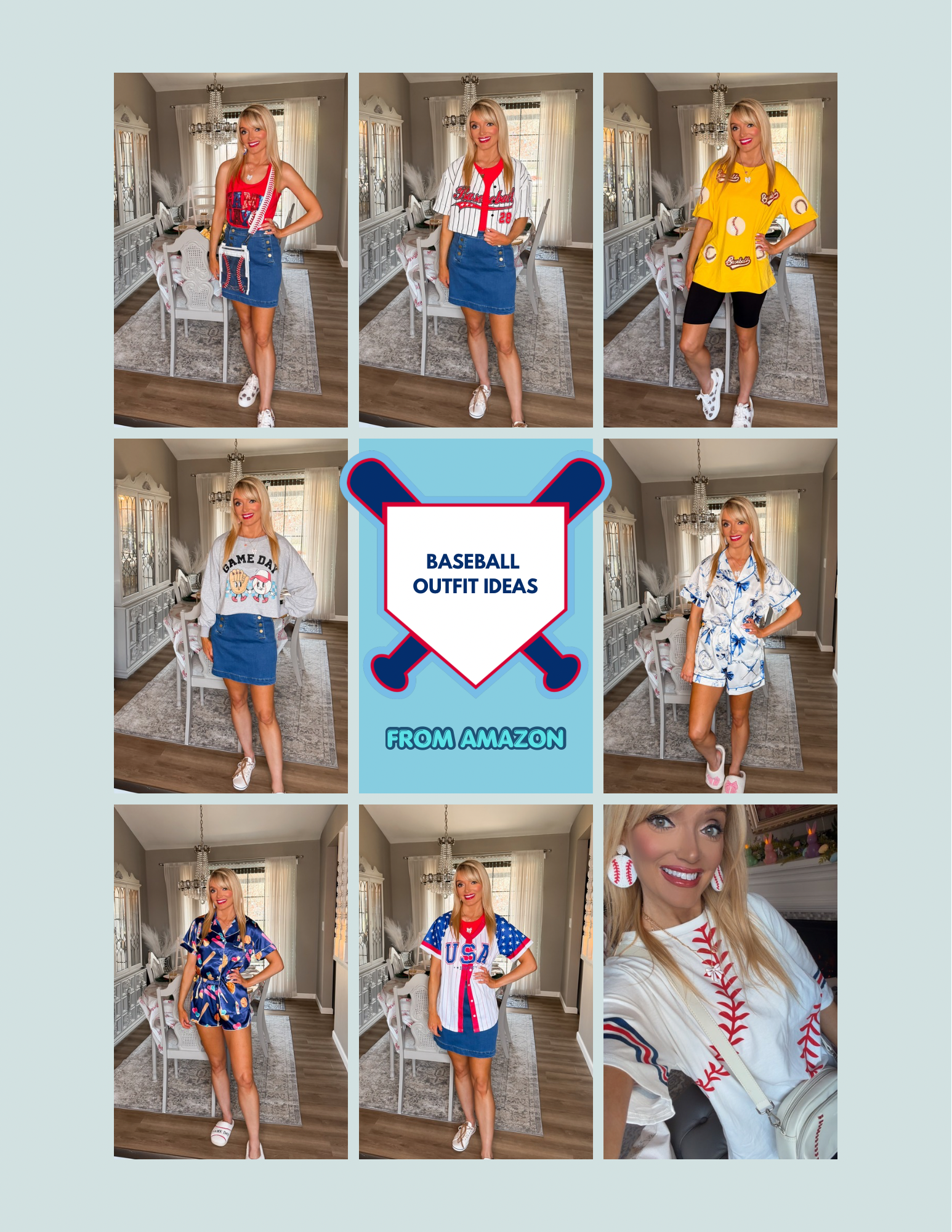 eight photo collage of blonde woman wearing and styling eight outfit ideas for a baseball game from Amazon