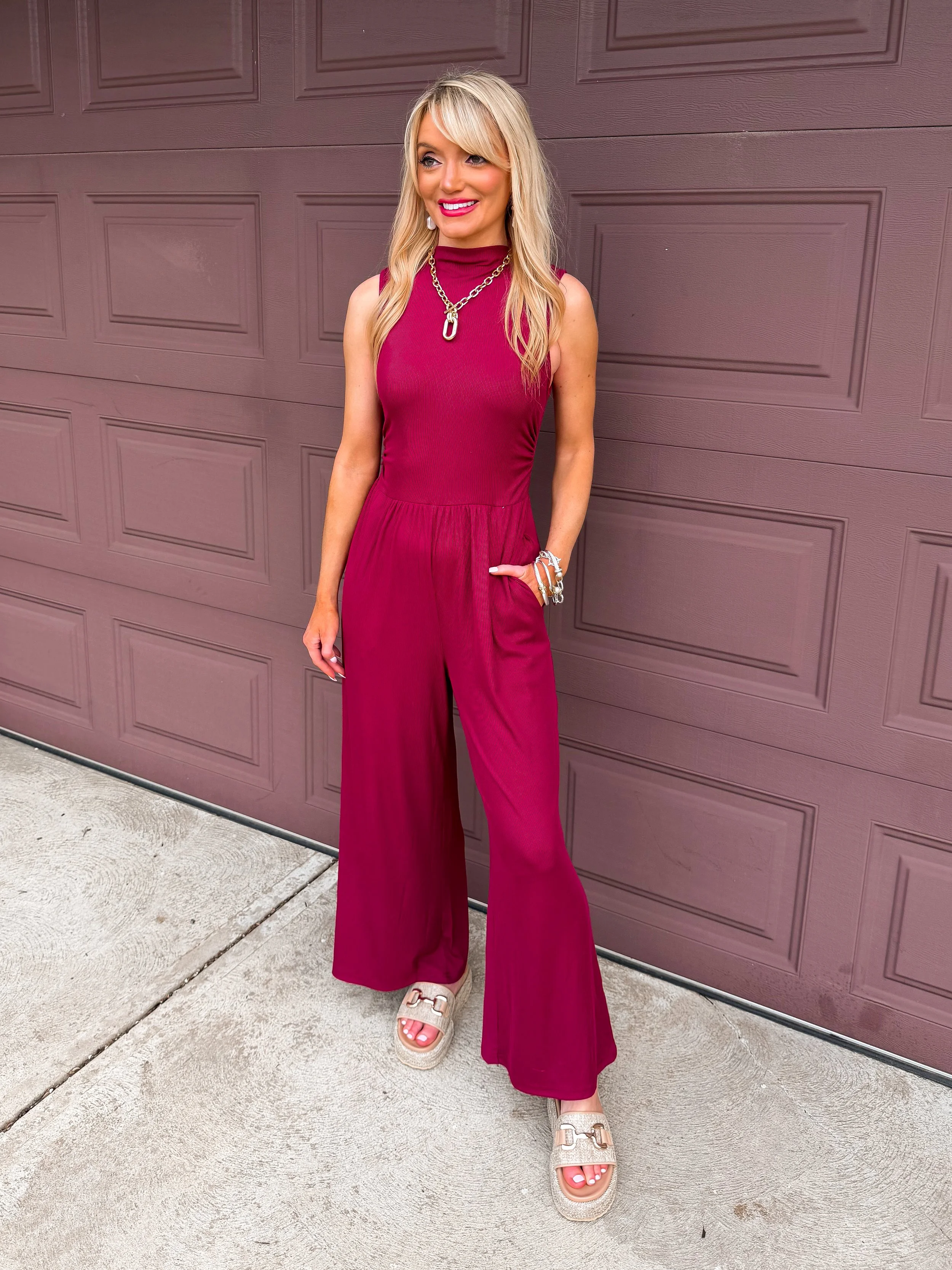 blond woman wearing wine mock neck sleeveless modal like jumpsuit from Amazon for summer