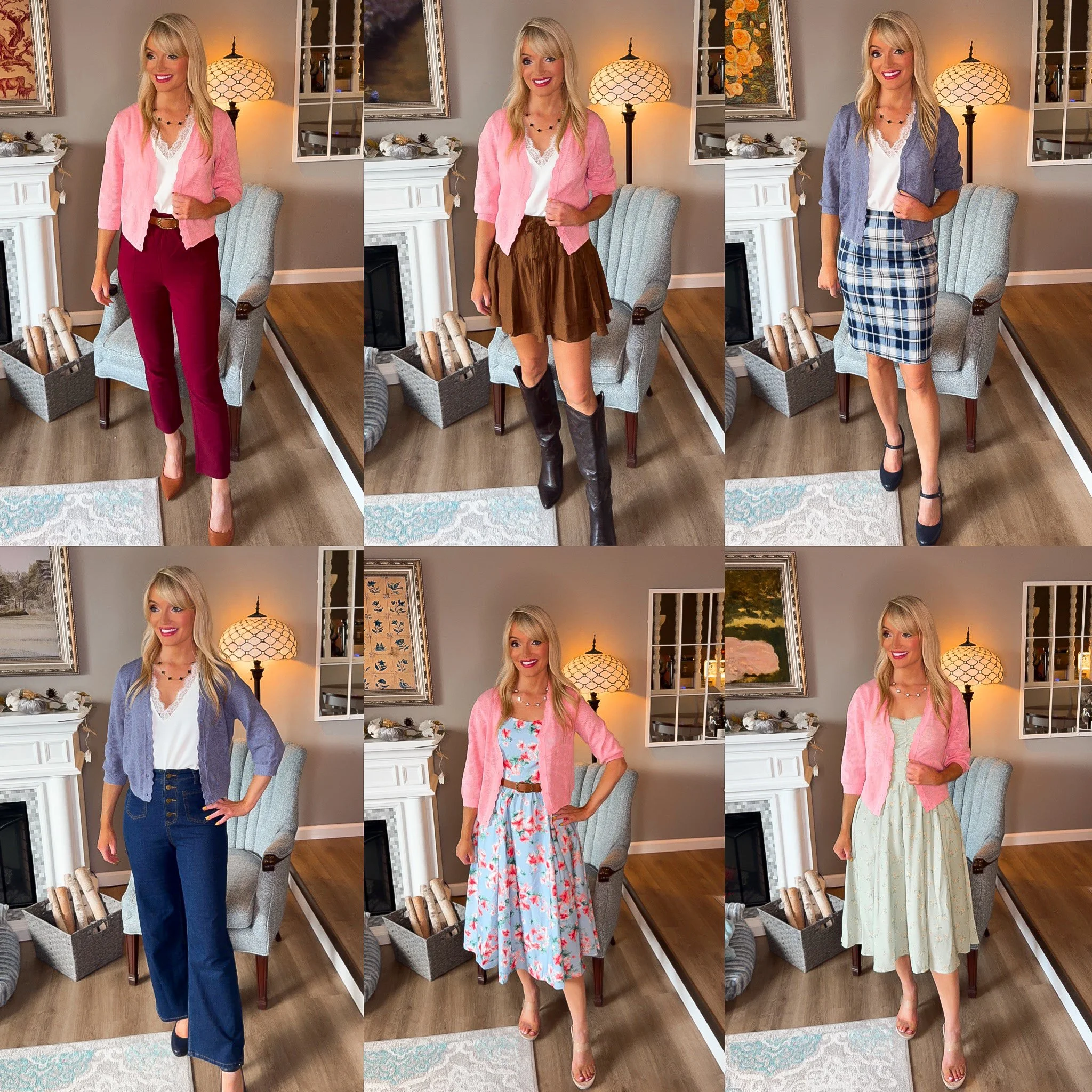 blonde woman wearing and styling a lace capsule wardrobe cardigan from Amazon