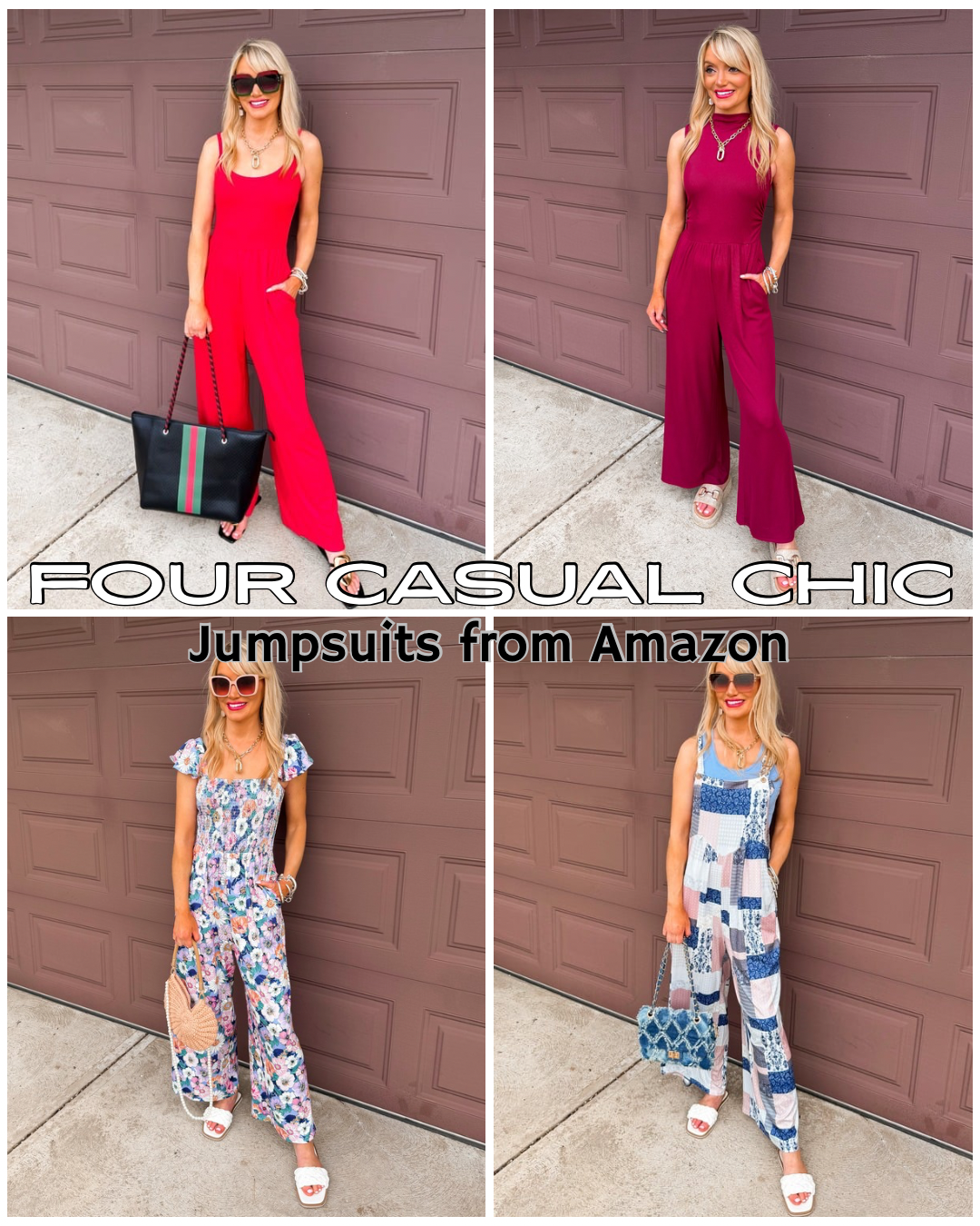 blonde woman wearing and styling casual chic summer jumpsuits from amazon