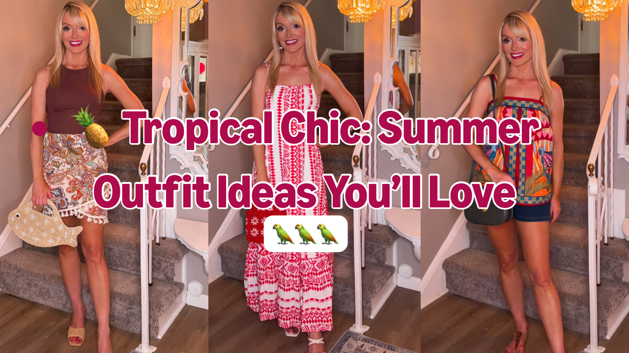 blonde woman Clevelandfashionista wearing three tropical outfit ideas from Amazon Live