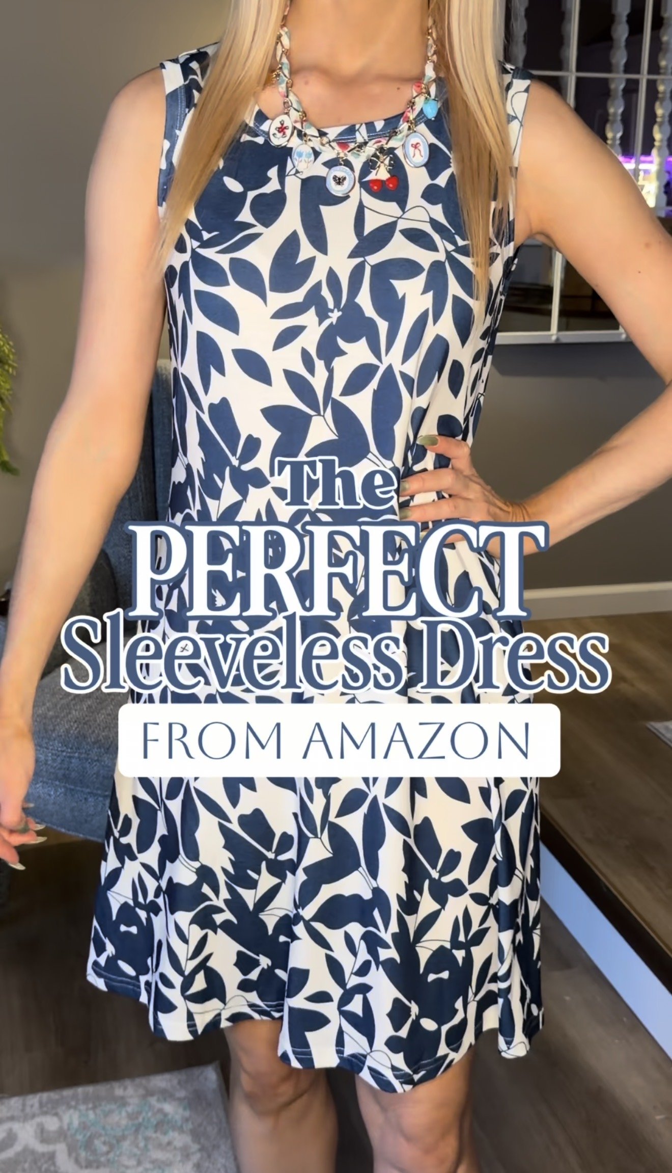 blue and white floral print sleeveless summer dress from Amazon