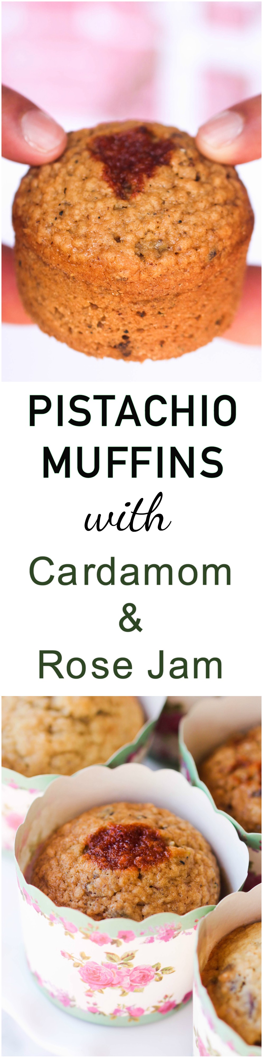 Pistachio Muffins with Cardamom and Rose Jam are perfect for grab n' go breakfast or afternoon snack with your tea or coffee.