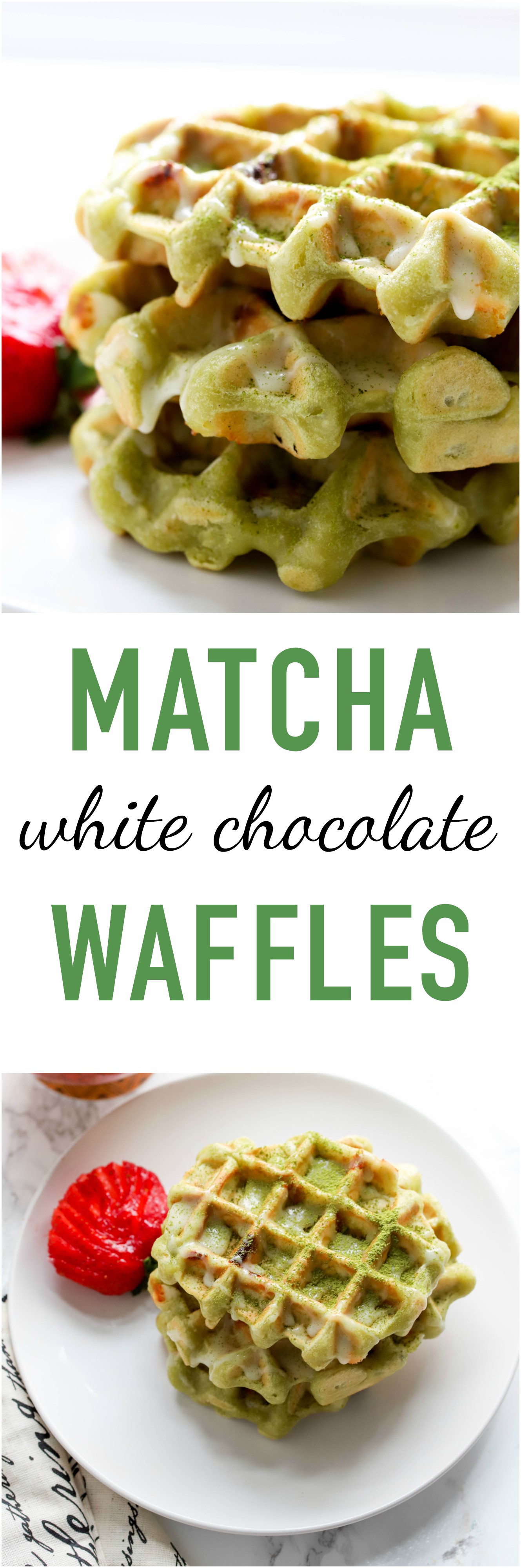 Matcha White Chocolate Waffles are almost vegan and totally decadent to make your morning special! There is a hint of matcha flavor in every bite and pairs beautifully with white chocolate chips!