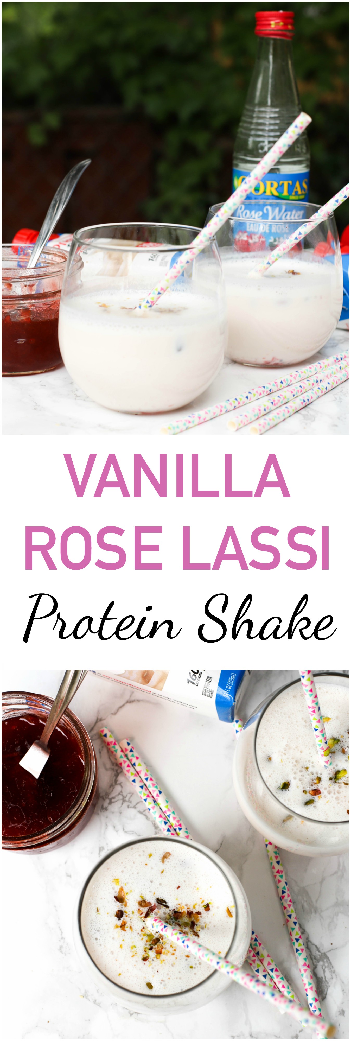 anilla Rose Lassi Protein Shake is a delicious shake that is high in protein and packed with so many flavors from rose jam, rose water, and cardamom!
