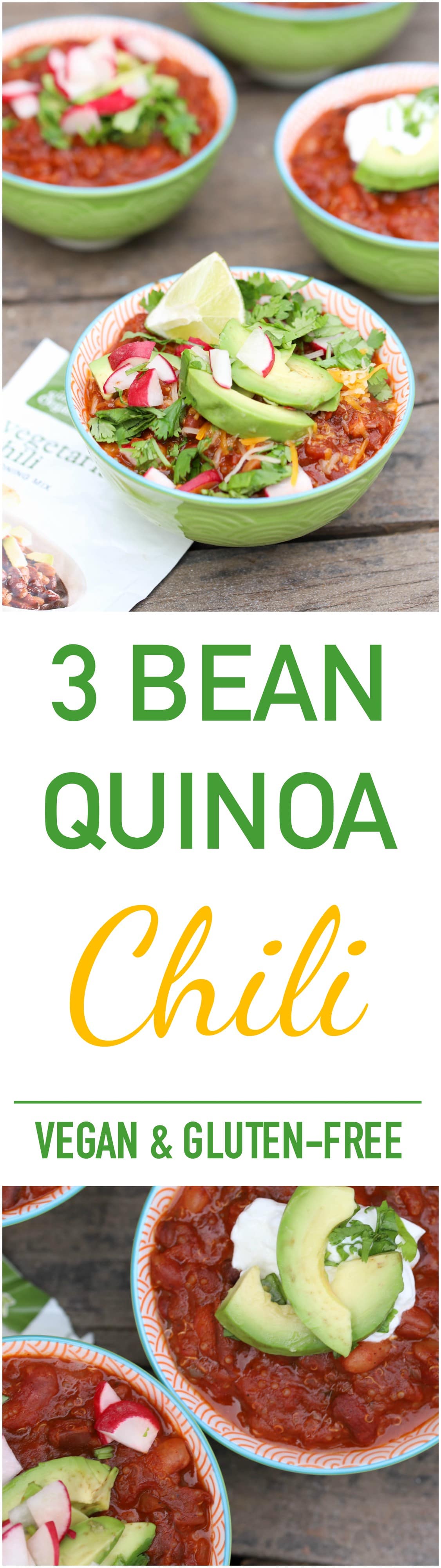 3 Bean Quinoa Chili is a vegetarian chili that is hearty, delicious, and only needs one pot. It is naturally vegan, gluten-free, and very nutritious! 