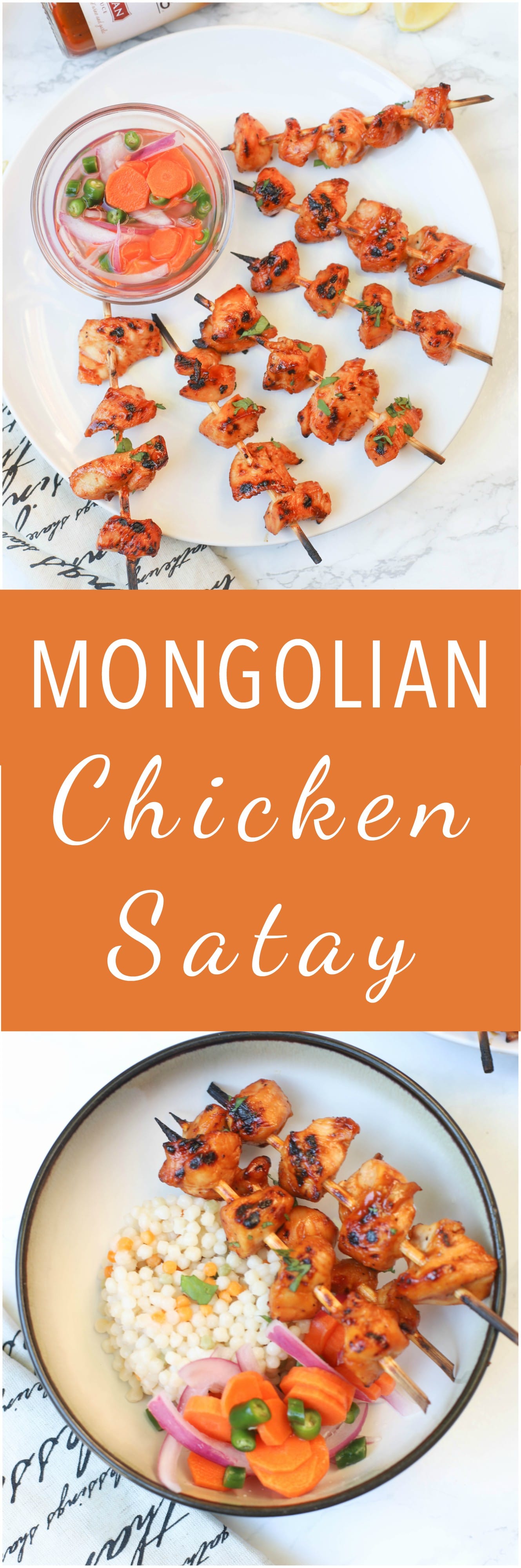 Mongolian Chicken Satay is a 2 ingredient easy, delicious appetizer or dinner that comes together in less than hour.