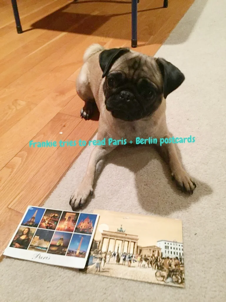 Frankie with Paris and Berlin Postcards.JPG