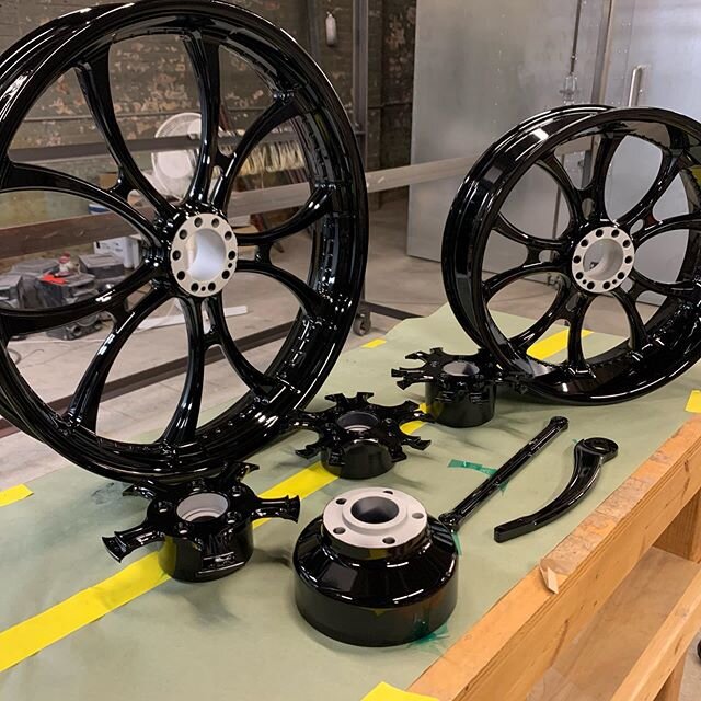 Some gloss black wheels today! #harleydavidson #powdercoating