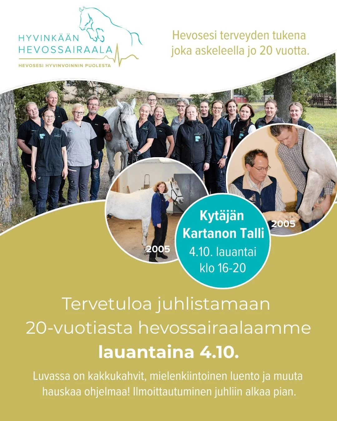 T&auml;n&auml; vuonna tulee kuluneeksi 20 vuotta siit&auml;, kun avasimme ovemme. Hevossairaalan matkaan on mahtunut paljon v&auml;ke&auml; ja monia eri vaiheita. Nyt on tullut aika juhlistaa t&auml;t&auml; kaksi vuosikymment&auml; kest&auml;nytt&aum