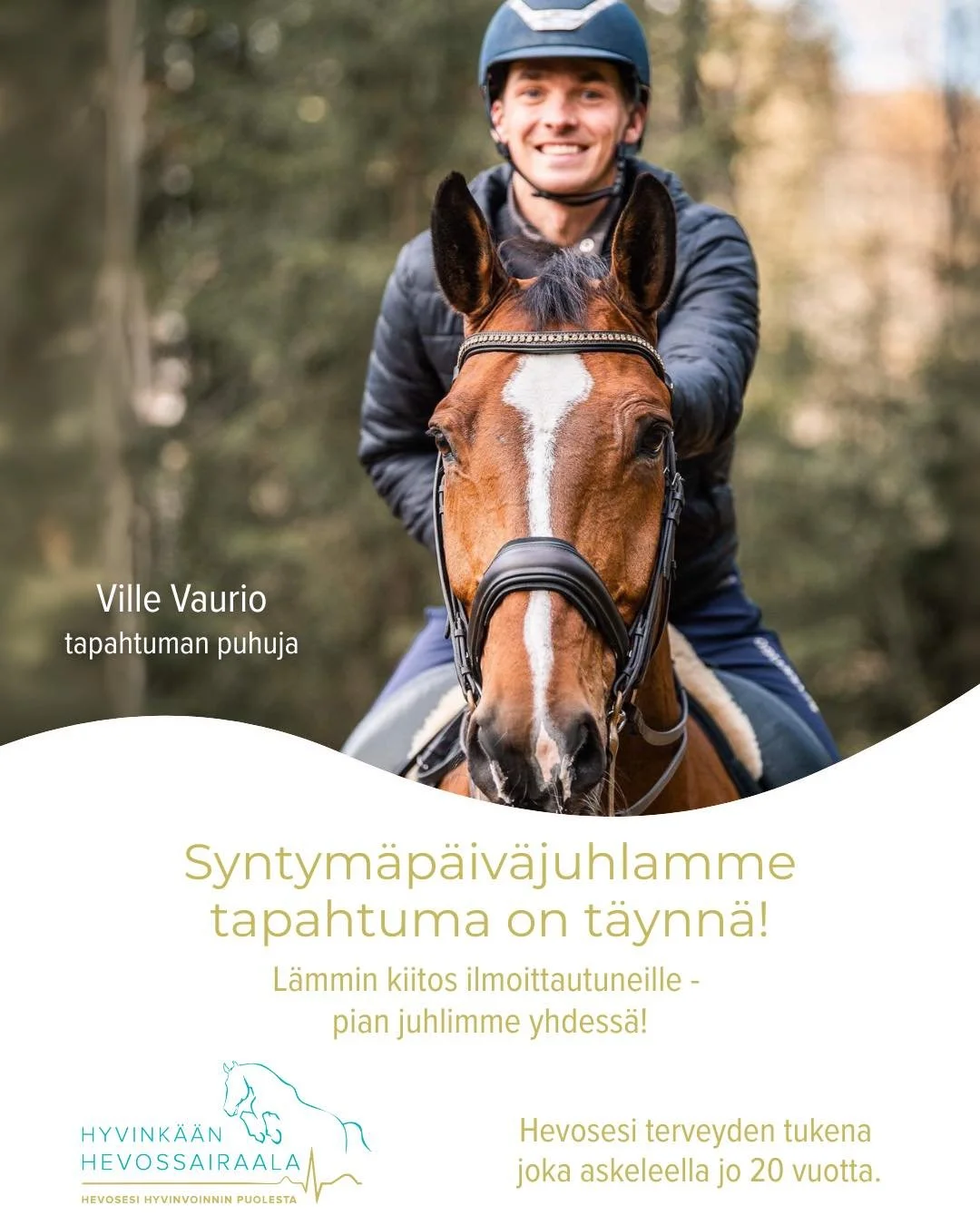 Syntym&auml;p&auml;iv&auml;tapahtumamme on nyt t&auml;ynn&auml;! L&auml;mmin kiitos kaikille ilmoittautuneille.❤️ Upeaa p&auml;&auml;st&auml; juhlistamaan t&auml;rke&auml;&auml; merkkipaalua niin monen kanssa.
 
Juhlistamme Hyvink&auml;&auml;n Hevoss
