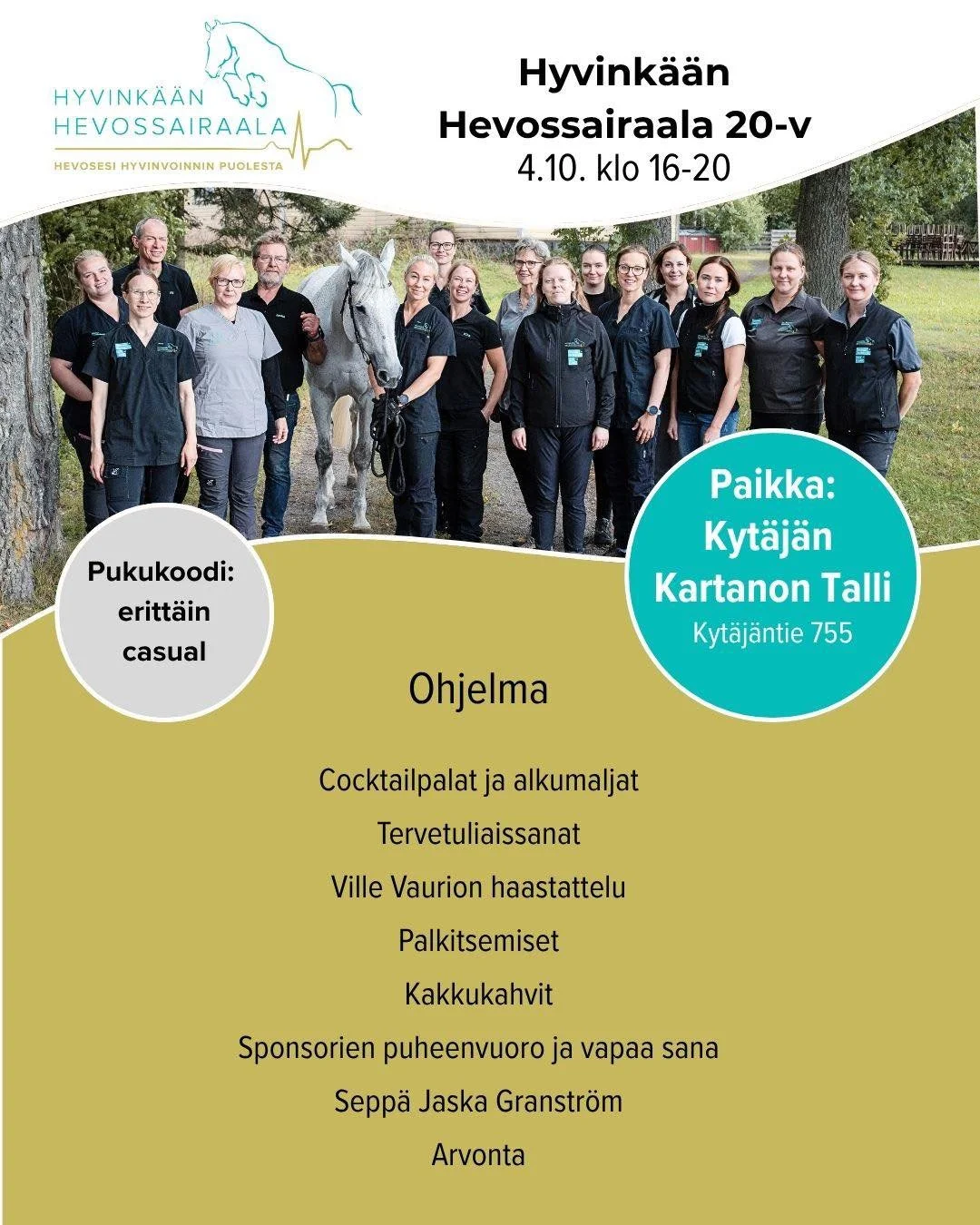 Huomenna juhlitaan! Toivotamme kaikki ilmoittautuneet l&auml;mpim&auml;sti tervetulleiksi! Peruutuksia on tullut ja seuraaviin jonossa oleviin on oltu yhteydess&auml;. 

Paikka: Kyt&auml;j&auml;n Kartanon Talli, Kyt&auml;j&auml;ntie 755 kohdalta kylt