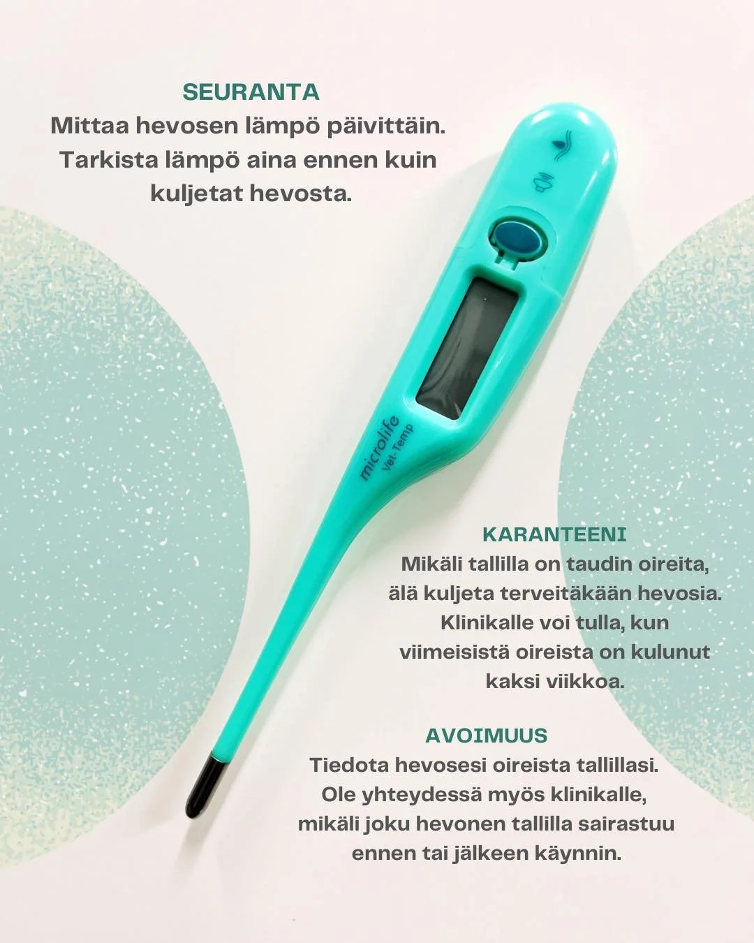 EHV-1-taudinpurkaus nosti esille t&auml;rkeit&auml; keinoja tarttuvien tautien levi&auml;misen ehk&auml;isyyn. Koska erilaisia taudinaiheuttajia on aina liikkeell&auml;, on toimintatavoista hyv&auml; tehd&auml; rutiineja. 

Miksi? Hevosen hyvinvoinni