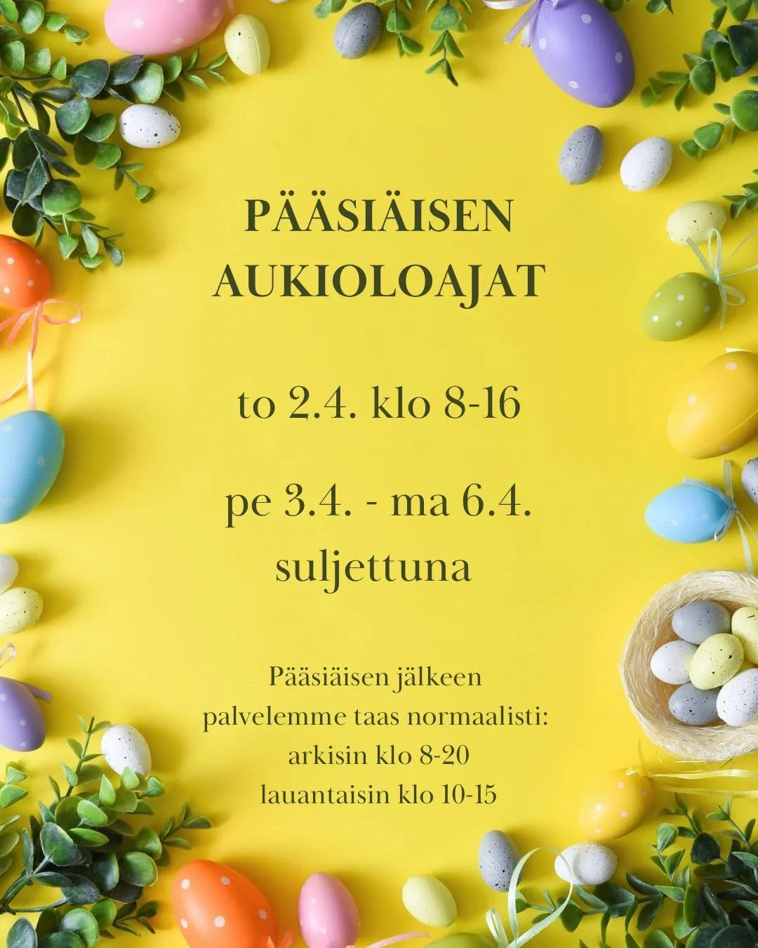 Aukioloajoissamme on poikkeuksia p&auml;&auml;si&auml;isen vuoksi.

🐣 torstaina 2.4. suljemme klo 16
🐣 pe 3.4. - ma 6.4. klinikka suljettuna

Huomioithan n&auml;m&auml; suunnitellessasi asiointia meill&auml;.

P&auml;&auml;si&auml;isen j&auml;lkeen