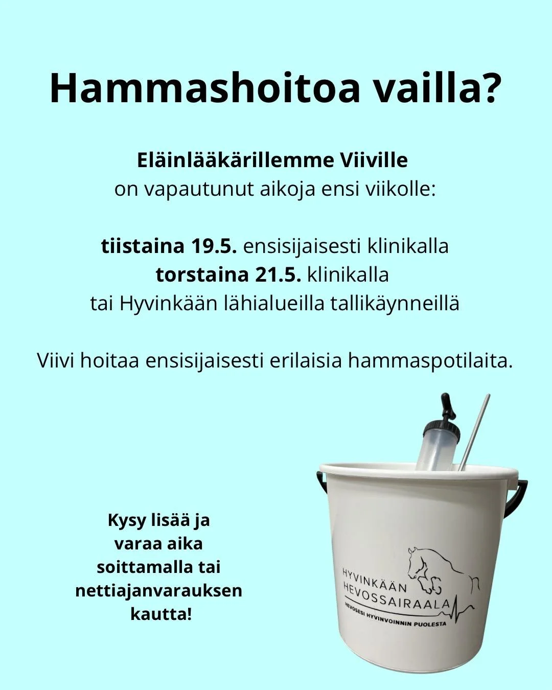 Hammashoitoaikoja vapautunut ensi viikolle 🦷

El&auml;inl&auml;&auml;k&auml;rimme Viivin kalenteriin on vapautunut aikoja tiistaille 19.5. ja torstaille 21.5. Viivi hoitaa ensisijaisesti hammaspotilaita ja tekee suuntutkimuksia sek&auml; eriIaisia h