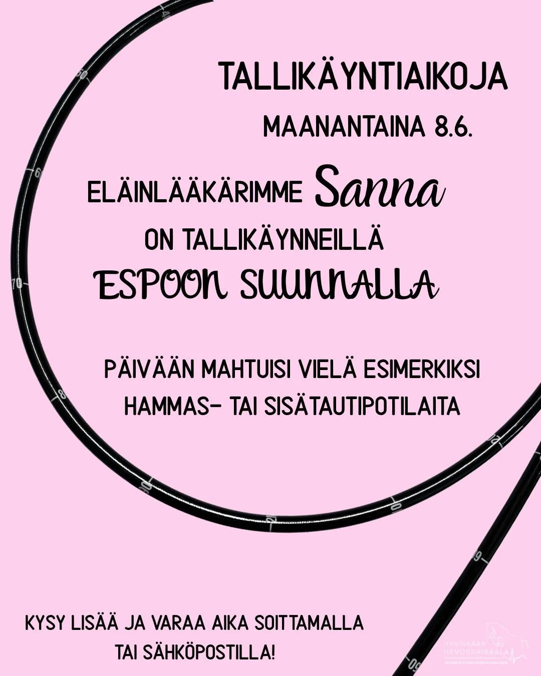 Tallik&auml;yntiaikoja maanantaina 8.6. 🌸

El&auml;inl&auml;&auml;k&auml;rimme Sanna on tallik&auml;ynneill&auml; Espoon suunnalla ja p&auml;iv&auml;&auml;n mahtuisi viel&auml; esimerkiksi hammas- tai sis&auml;tautipotilaita.

Kysy lis&auml;&auml; j
