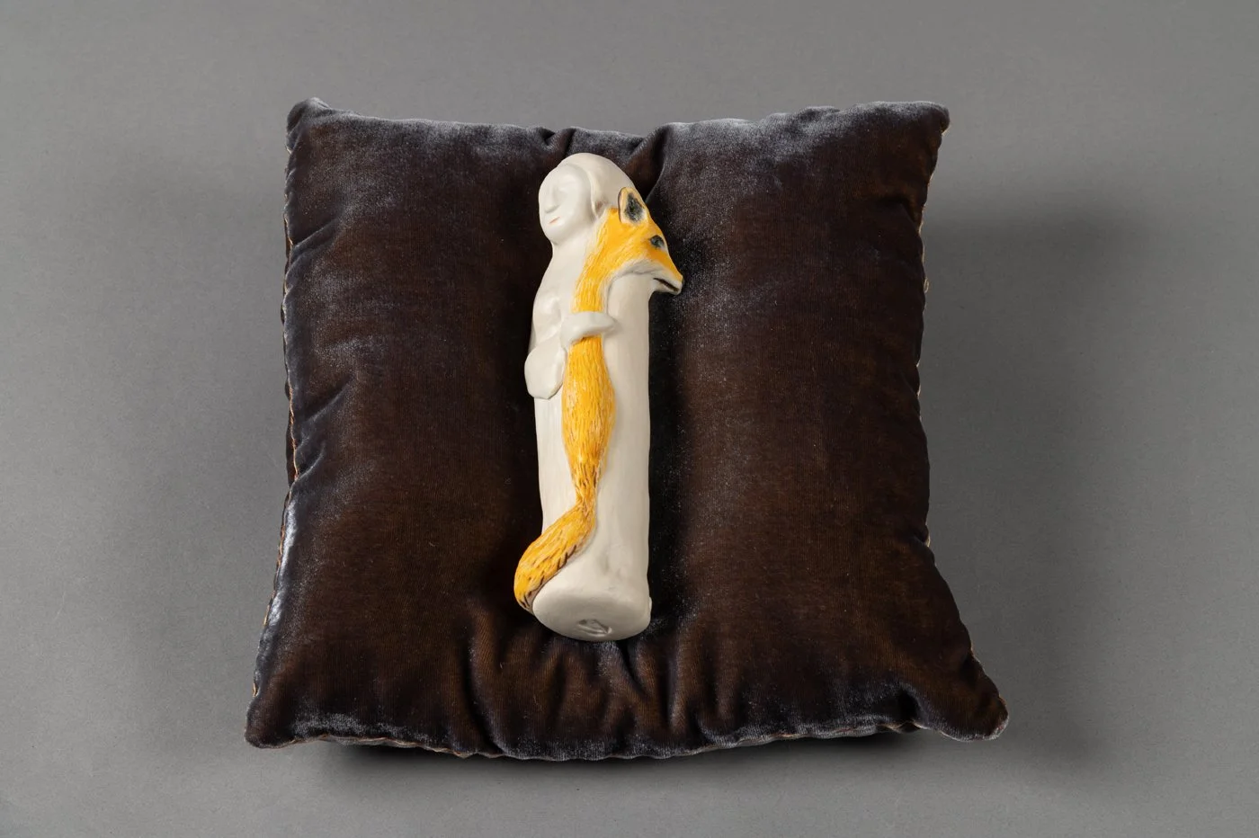 Guardian with Fox 4" x 9.5" x 9.5" Porcelain and silk velvet 2025