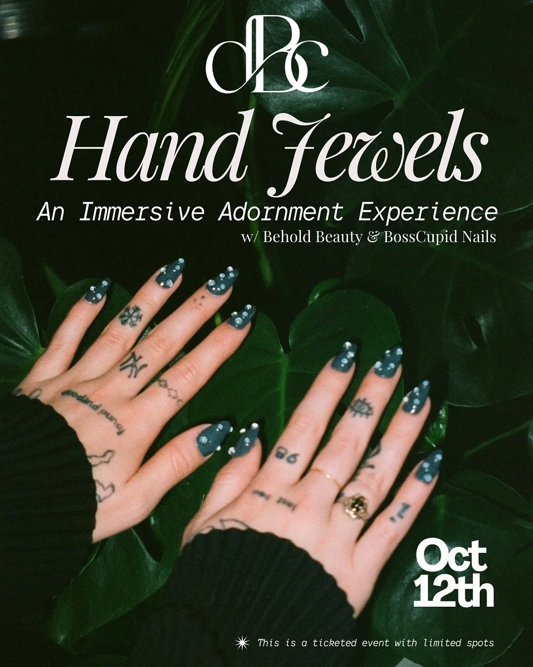 ✨ Hand Jewels ✨
Join tattoo artist Behold Beauty and nail artist Boss Cupid for a one-of-a-kind creative experience where art meets adornment. 
Tap into your creativity as you design your own custom set of press-on nails (under expert guidance), and