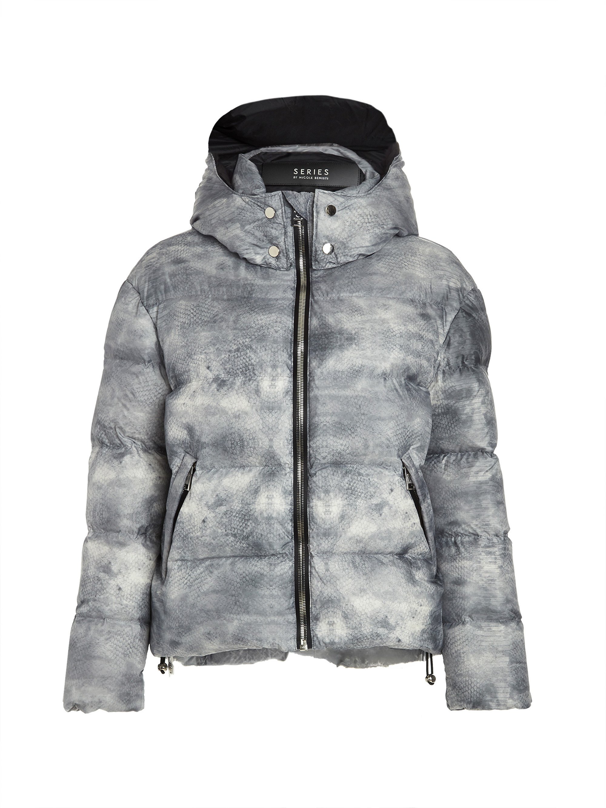 Gray patterned puffer jacket with a hood, front zipper, and zippered side pockets