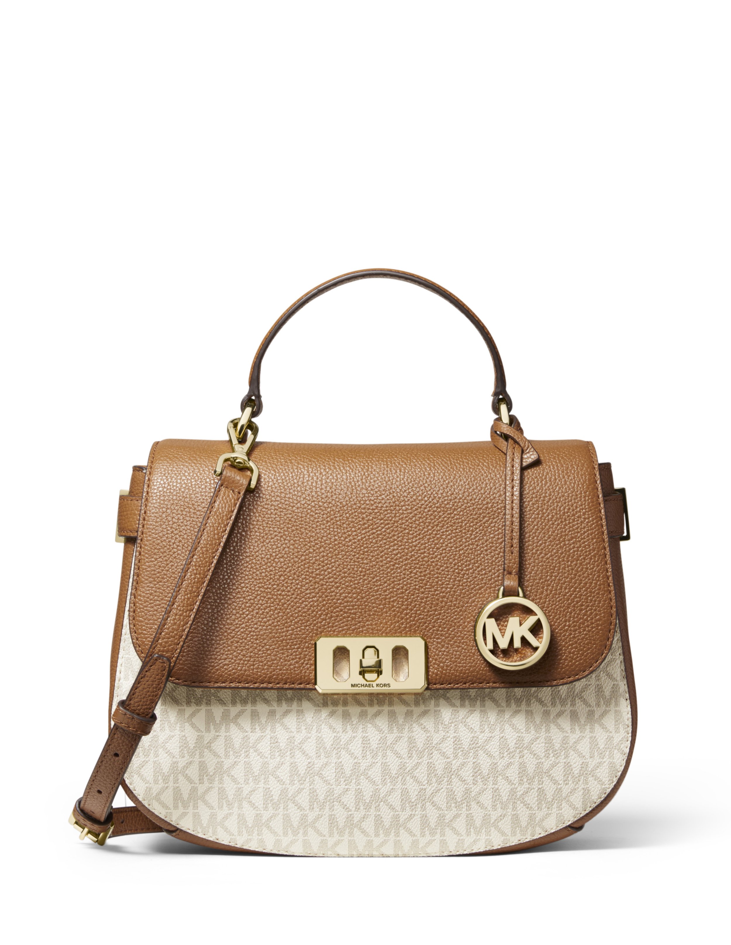A tan leather Michael Kors handbag with gold hardware, including a "MK" logo charm, set against a white background.