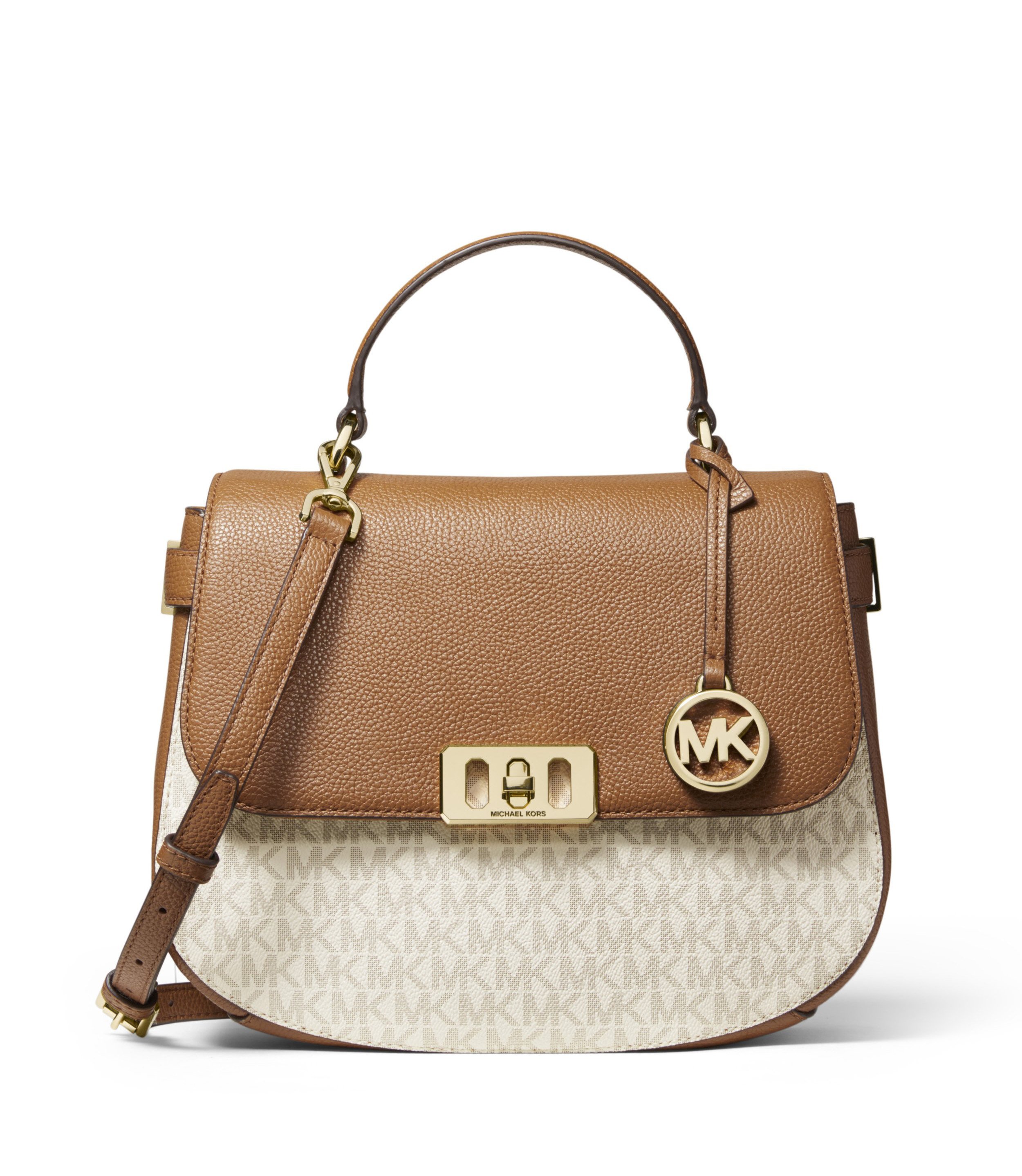 Michael Kors brown pebbled leather satchel handbag with signature MK logo canvas, gold hardware, top handle, and crossbody strap on a white background.