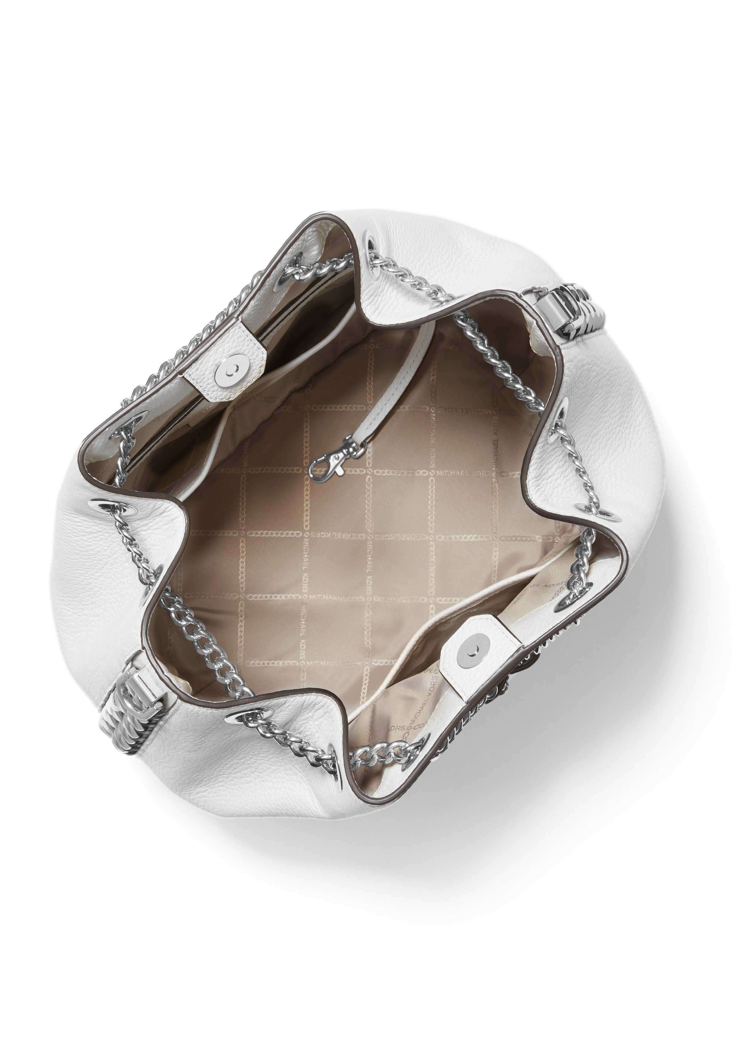Open white leather handbag with silver chain straps and beige interior lining.