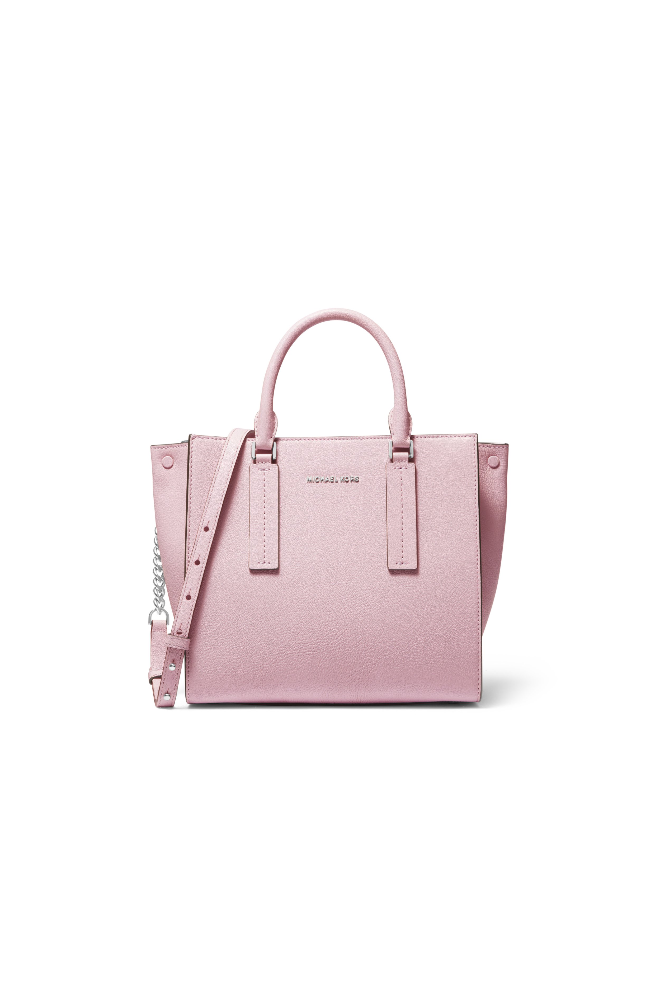 A pink Michael Kors handbag with a top handle, shoulder strap, and silver chain detail, set against a white background.