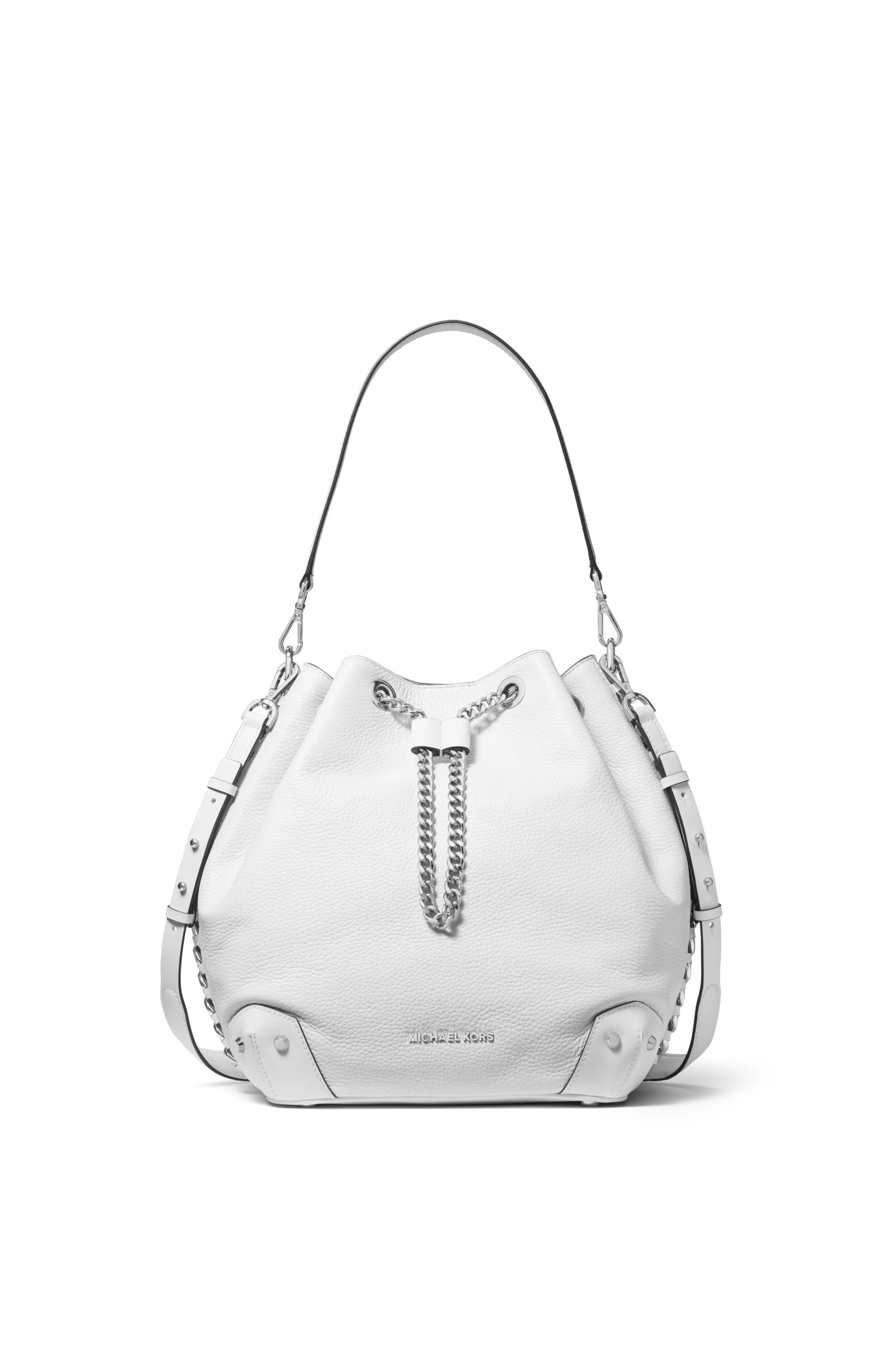A white Michael Kors handbag with silver hardware and chain details, photographed against a white background.