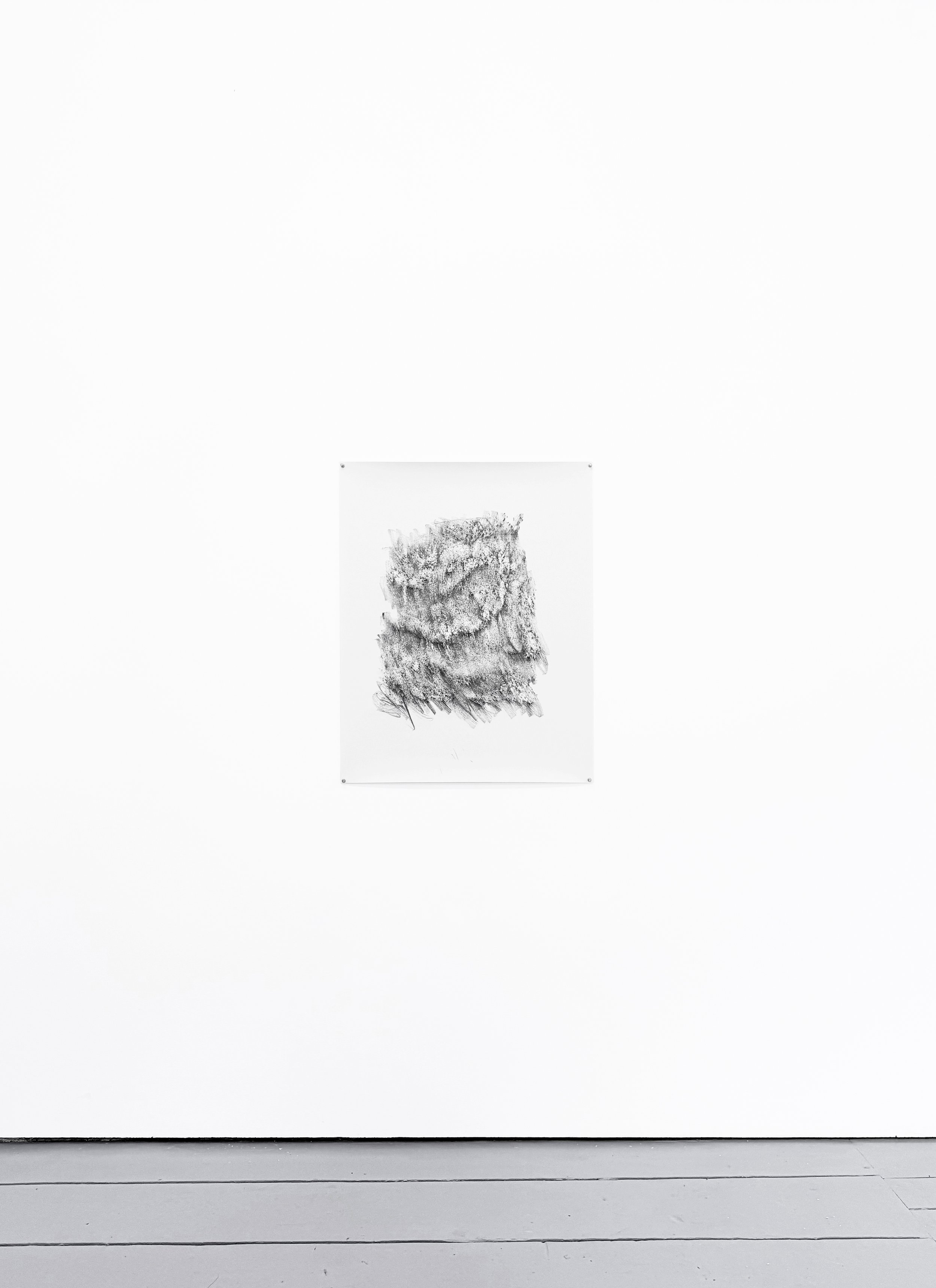 Kate Atkin, Crag (installed), 84.8 x 66.8cm, graphite stick and pencil on paper, 2026