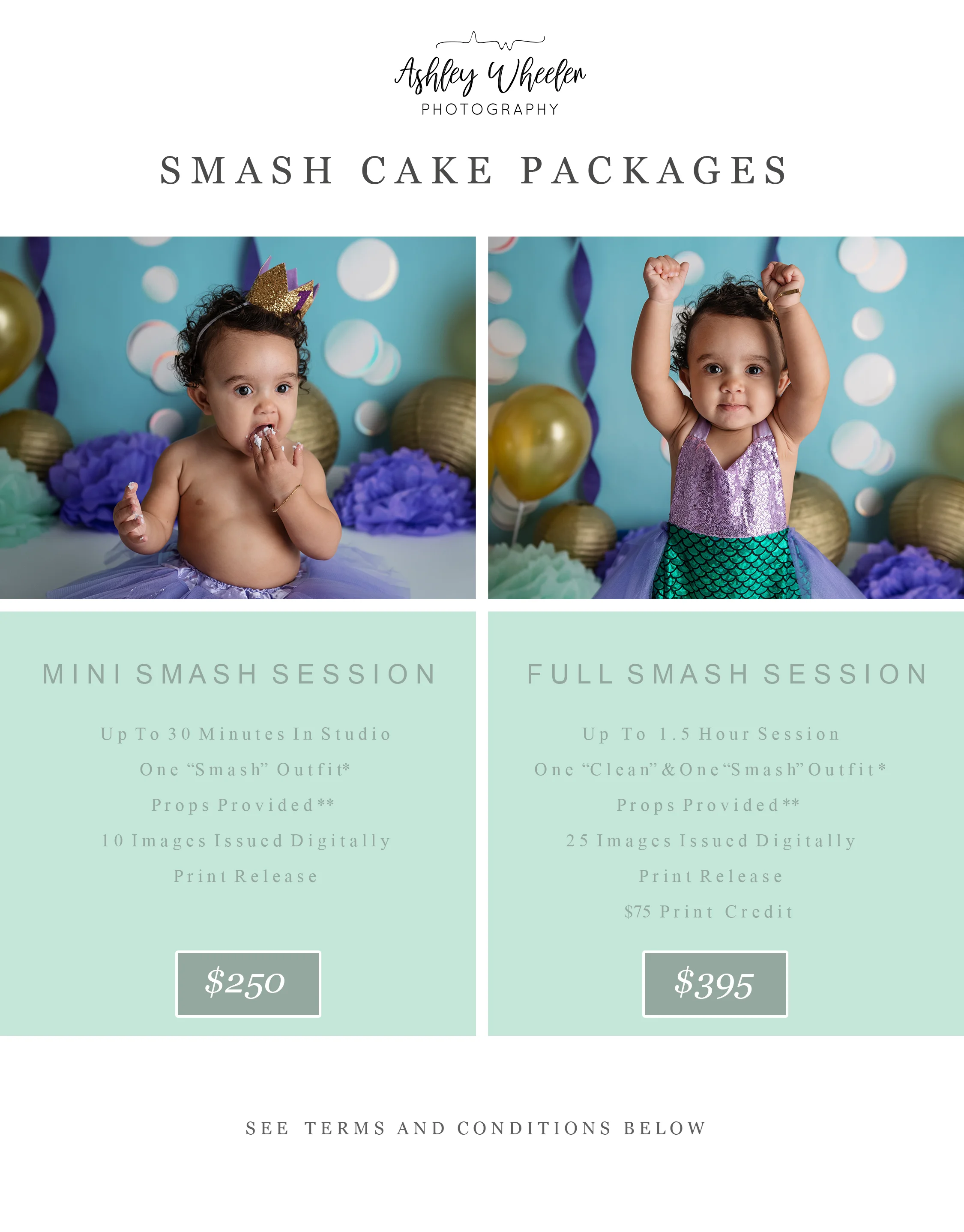 ** Terms & Conditions ** 1. Session retainer of 50% and signed contract is required to book your appointment. Remaining balance due on or before the day of your session. 2. Client is asked to provide “clean” & “smash outfits”. For Full Smash sessions, baby will wear the “clean” outfit first and switch to the second outfit for the “smash” portion of the session. 3. While Ashley Wheeler Photography offers most props, for a highly specific “theme” the Client may be asked to incorporate personal props to fill the set. 3. Due to food allergy concerns, client is required to sign a specific release in regards to the smash cake. 4. Turn around time for completed galleries is 3 weeks from the date of your session.