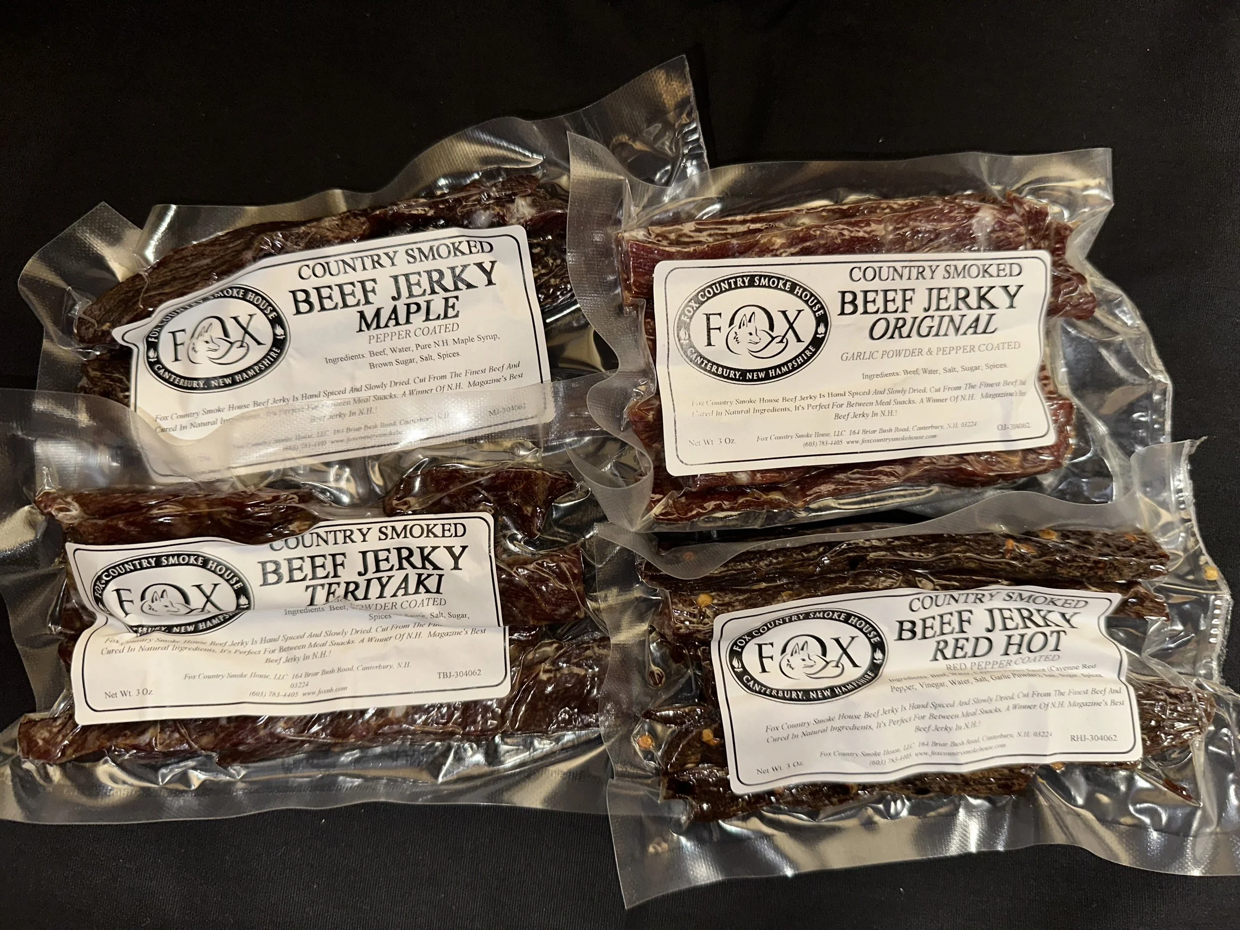 Smoked Beef Jerky - $7.50 for one 3oz. package. Flavors of Original, Teriyaki, Maple or Red Hot
